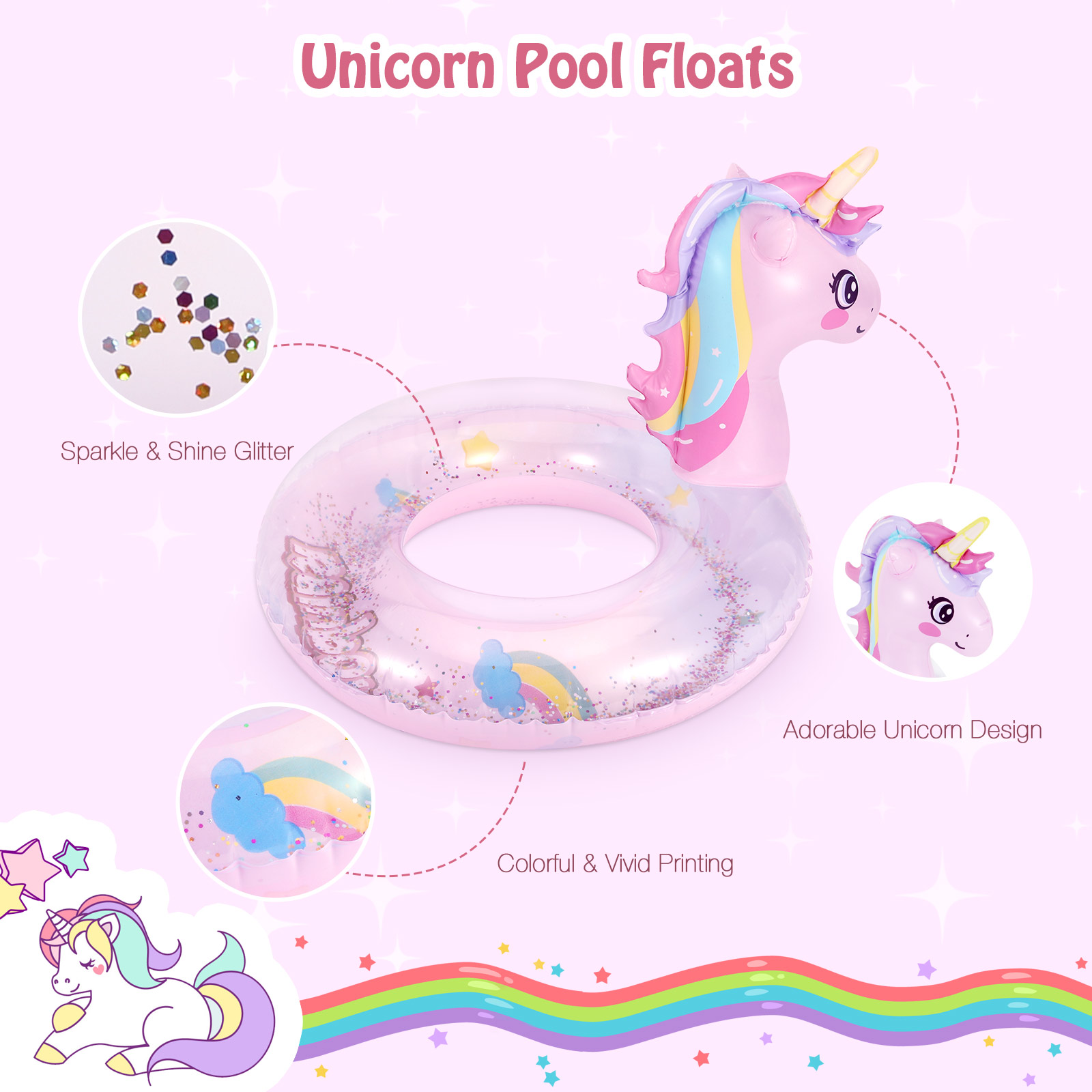 MoKo Unicorn Pool Floats for Kids, Inflatable Swimming Ring Swim Floaties Lake Toys Party Supplies, Pink