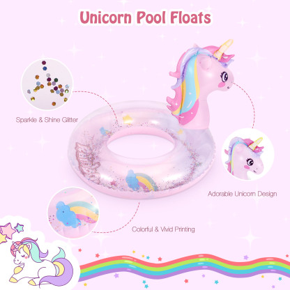 MoKo Unicorn Pool Floats for Kids, Inflatable Swimming Ring Swim Floaties Lake Toys Party Supplies, Pink
