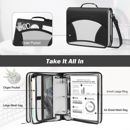  MoKo Zipper Binder, 3 in 3 Ring 600 Sheet Capacity Binder Organizer, Black