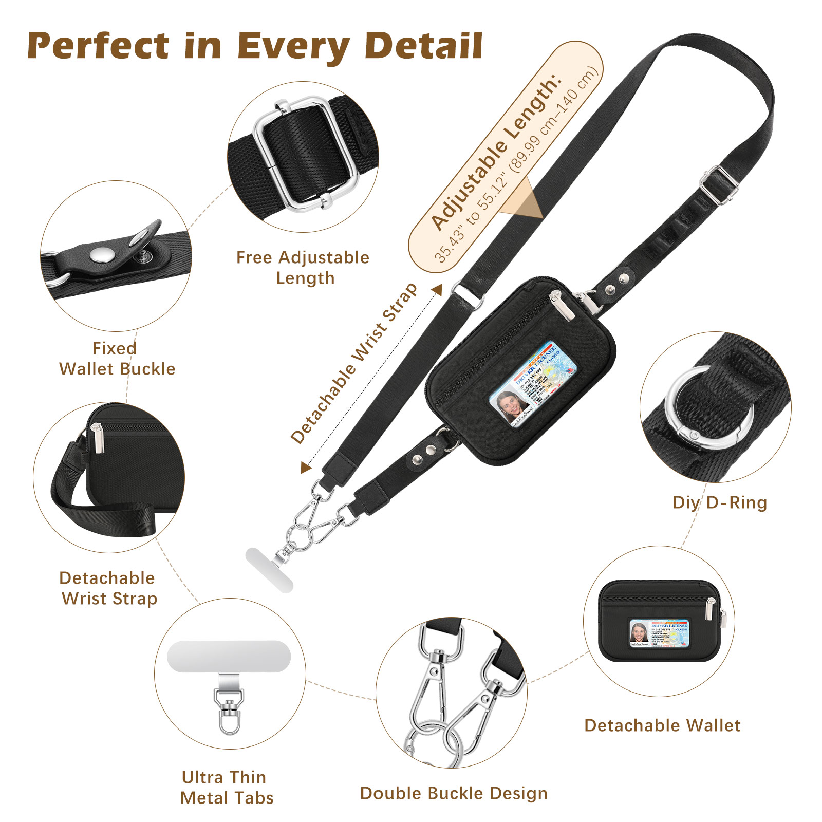 MoKo Phone Crossbody Lanyard with RFID Wallet, Clip and Go Strap Crossbody Lanyard & Detachable Wallet with ID Window, Adjustable iPhone Strap with 360° Rotatable Phone Tabs, Black