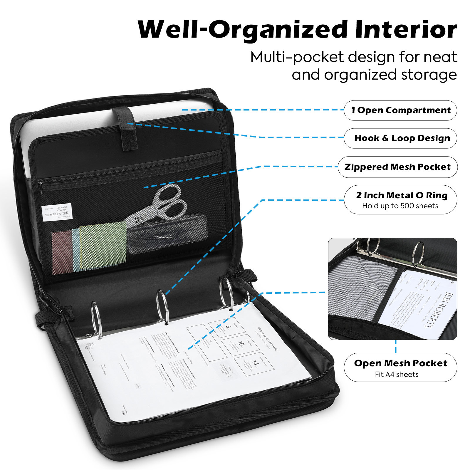 MoKo Zipper Binder, 2 Inch 500 Sheet Capacity Binder Organizer with Shoulder Strap, School Supplies,Black