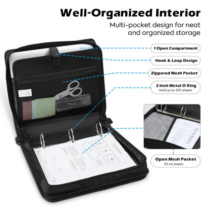 MoKo Zipper Binder, 2 Inch 500 Sheet Capacity Binder Organizer with Shoulder Strap, School Supplies,Black