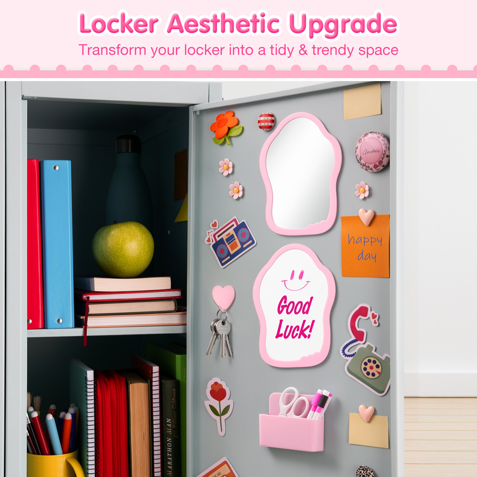 MoKo Locker Accessories Kit, 16Pcs Cute Locker Decor Accessories Set Includes Magnetic Locker Mirror, Whiteboard, Hooks, Magnets, Pen, Comb and Eraser, Office, Pink