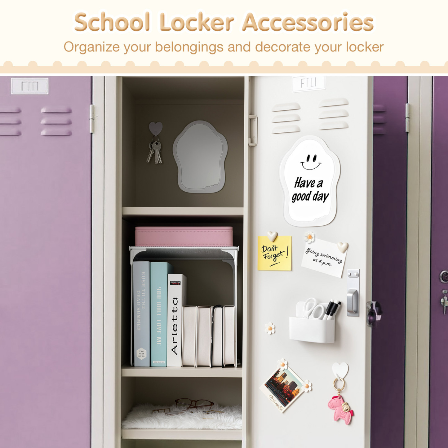 MoKo Locker Accessories Kit, 17Pcs Cute Locker Organizer Accessories Set Includes Magnetic Locker Mirror, Whiteboard, Hooks, Magnets, Pen, Comb and Eraser, Supplies, Office, White