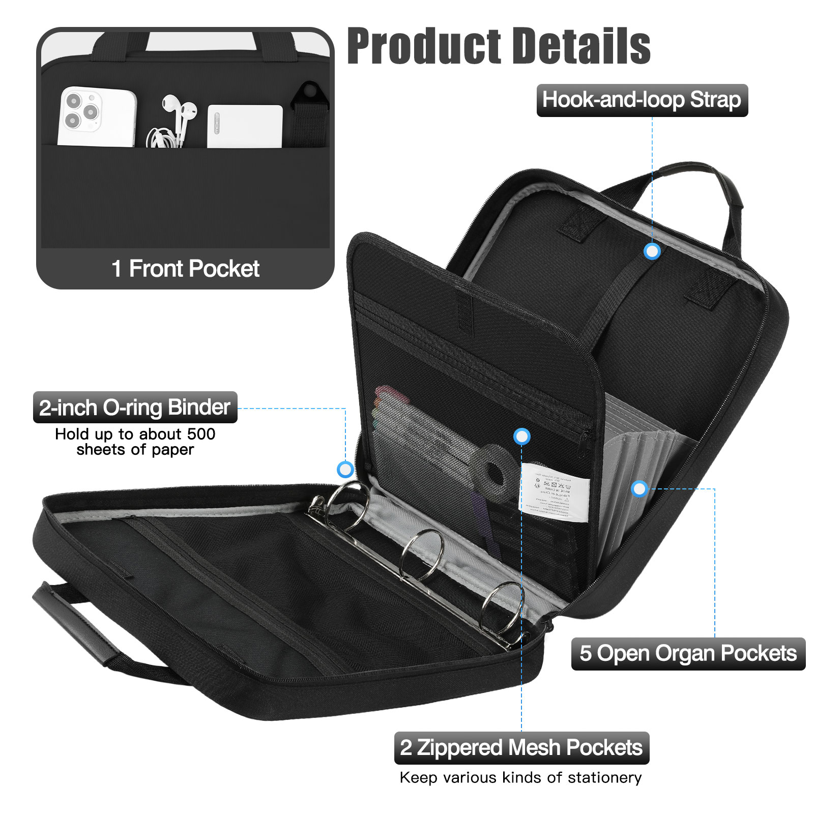 MoKo Zipper Binder, 2 inch 3 Ring 500 Sheet Capacity Multi-Pocket Binder, Black