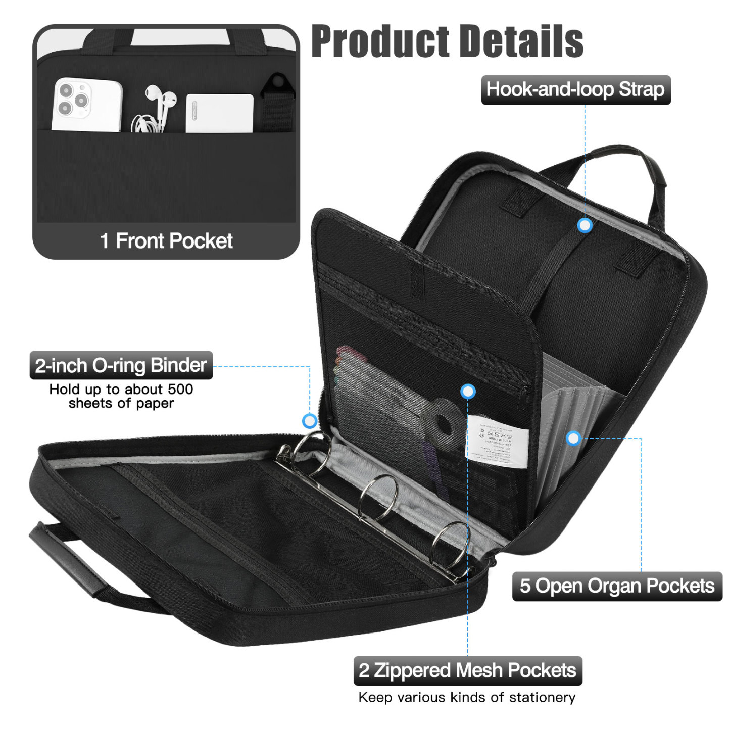 MoKo Zipper Binder, 2 inch 3 Ring 500 Sheet Capacity Multi-Pocket Binder, Black