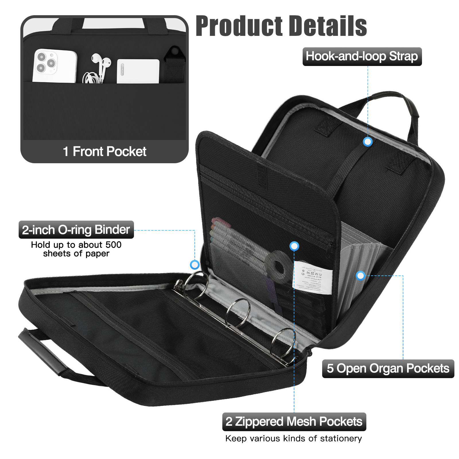 MoKo Zipper Binder, 2 inch 3 Ring 500 Sheet Capacity Multi-Pocket Binder, Black