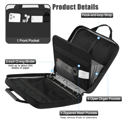 MoKo Zipper Binder, 2 inch 3 Ring 500 Sheet Capacity Multi-Pocket Binder, Black