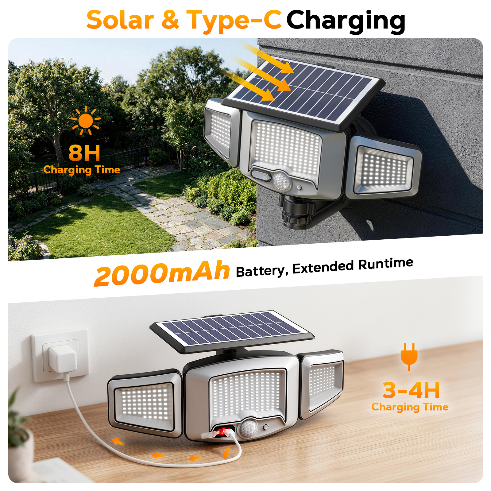 Outdoor Solar Lights Magnetic Solar Lights, 231 LED Motion Sensor Wall Light, 3-Head Adjustable Solar Lights, 3 Modes Solar USB Charge, IP65 Waterproof for Yard Patio (2 Pack)