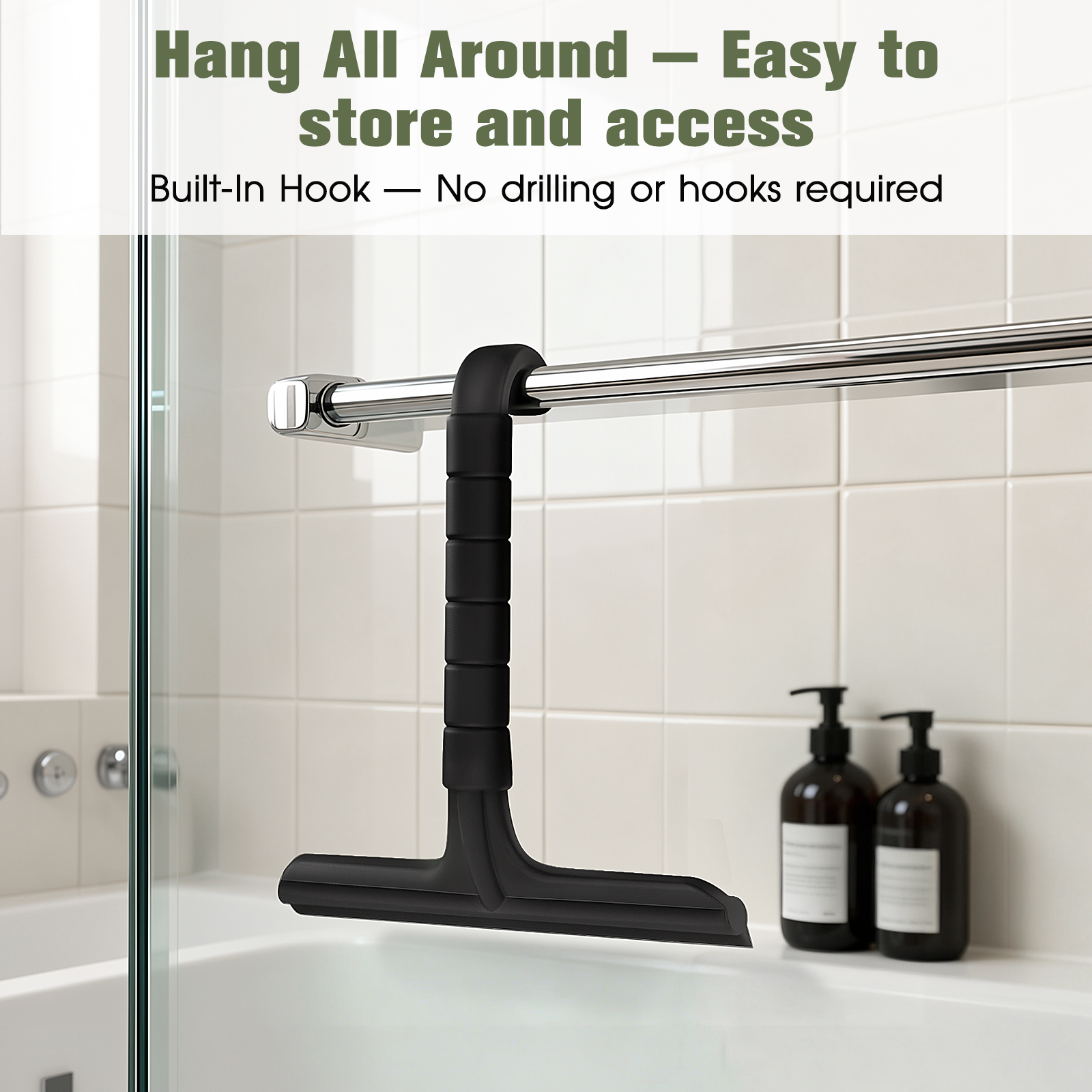 Roylvan Shower Squeegee for Glass Doors, All-in-One Silicone Squeegee with Built-in Hook for Bathroom, Window, Mirror, Tile Wall,Car, Streak-Free Cleaner Tool,7.87-Inch Black