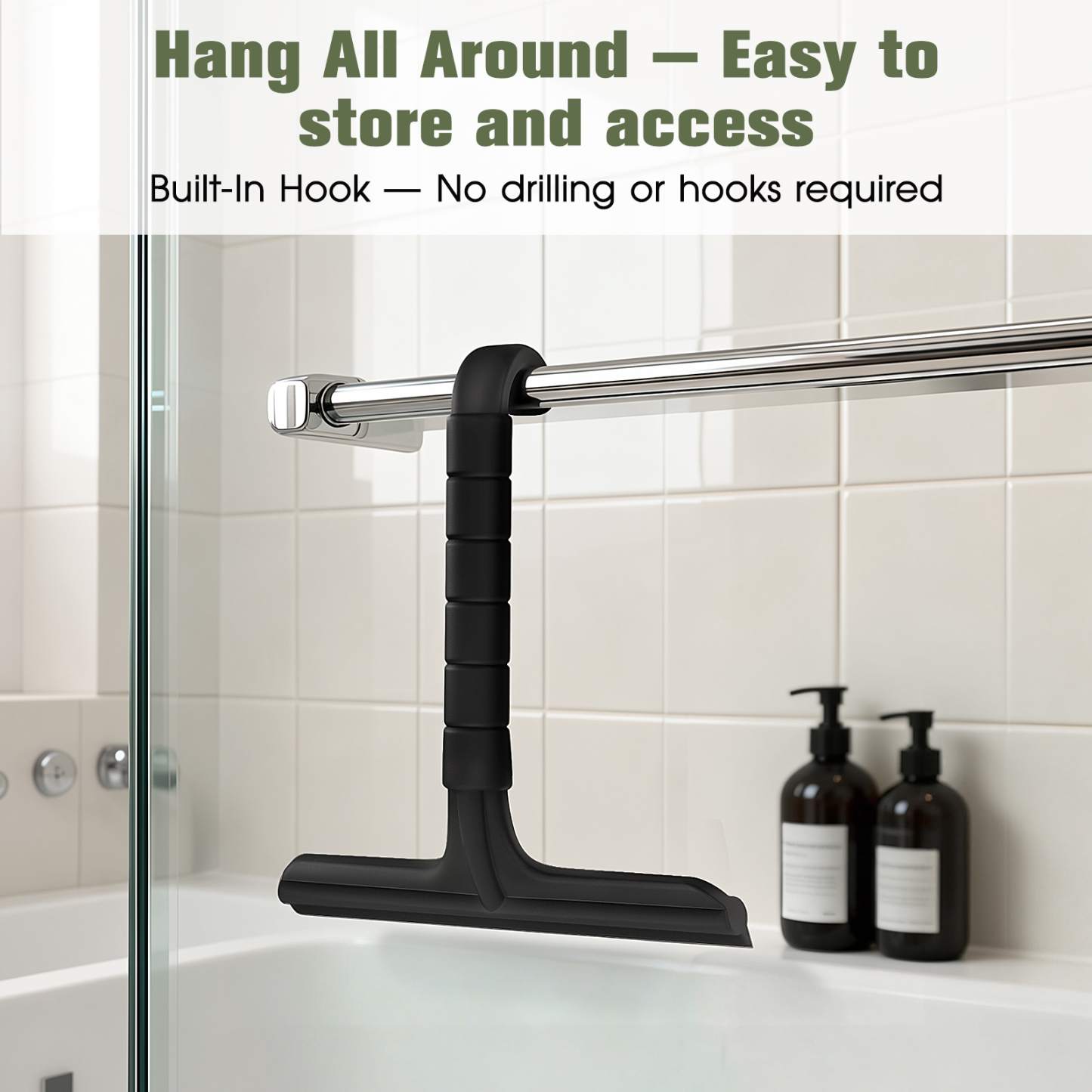 Roylvan Shower Squeegee for Glass Doors, All-in-One Silicone Squeegee with Built-in Hook for Bathroom, Window, Mirror, Tile Wall,Car, Streak-Free Cleaner Tool,7.87-Inch Black