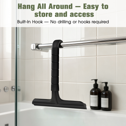 Roylvan Shower Squeegee for Glass Doors, All-in-One Silicone Squeegee with Built-in Hook for Bathroom, Window, Mirror, Tile Wall,Car, Streak-Free Cleaner Tool,7.87-Inch Black
