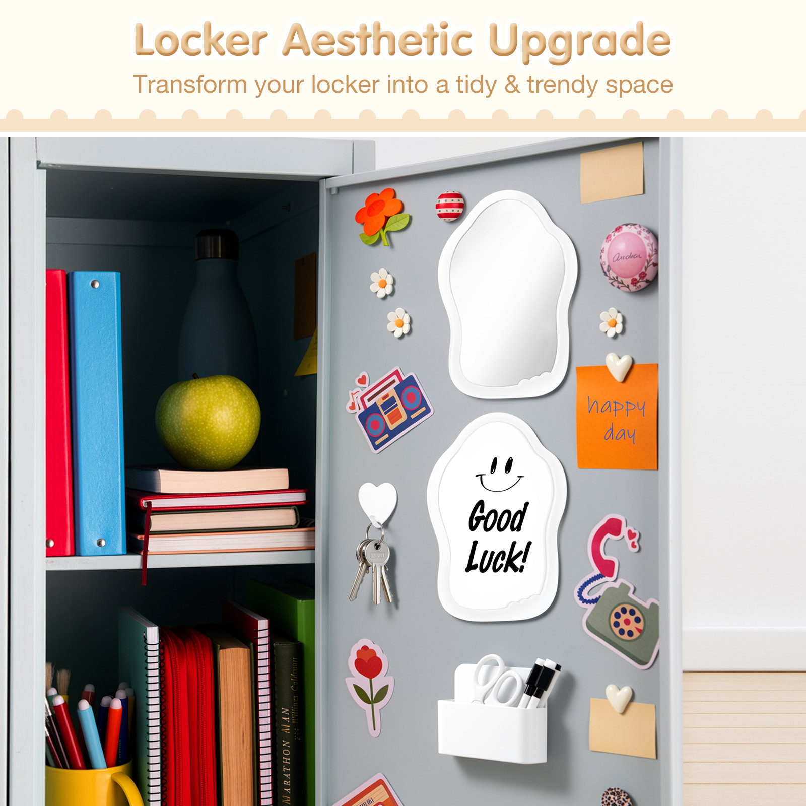 MoKo Locker Accessories Kit, 16Pcs Cute Locker Decor Accessories Set Includes Magnetic Locker Mirror, Whiteboard, Hooks, Magnets, Pen, Comb and Eraser, Supplies, Office, White