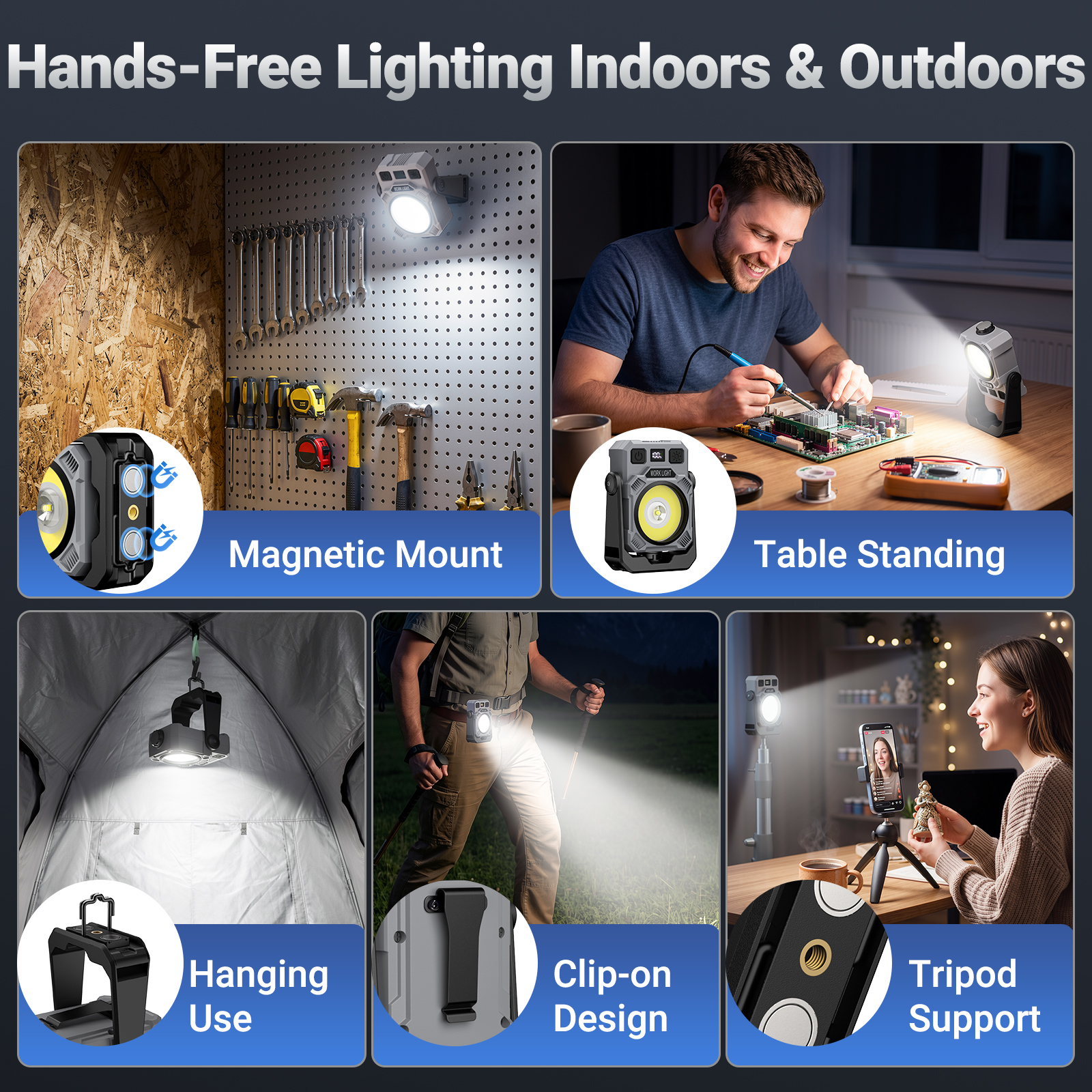 2-Pack Magnetic Rechargeable Work Light, 2000LM LED Work Light, COB & LED Dual Lighting Sources, Stepless Dimming, Portable Flashlighs for Car Repair, Camping, Emergency, Black Grey