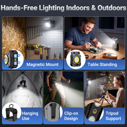 2-Pack Magnetic Rechargeable Work Light, 2000LM LED Work Light, COB & LED Dual Lighting Sources, Stepless Dimming, Portable Flashlighs for Car Repair, Camping, Emergency, Black Grey