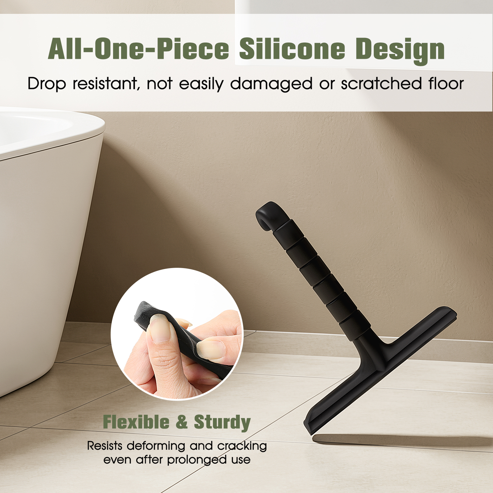 Roylvan Shower Squeegee for Glass Doors, All-in-One Silicone Squeegee with Built-in Hook for Bathroom, Window, Mirror, Tile Wall,Car, Streak-Free Cleaner Tool,7.87-Inch Black