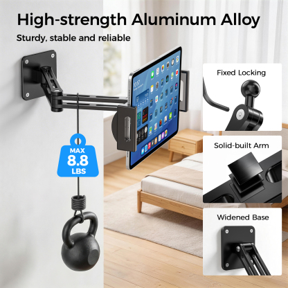 MoKo Tablet Wall Mount Holder for 4.7-14" Phones and Tablets, Extendable Foldable Ipad Holder, 360° Adjustable Wall Mount for Kitchen, Gym, Office, Classroom, Black
