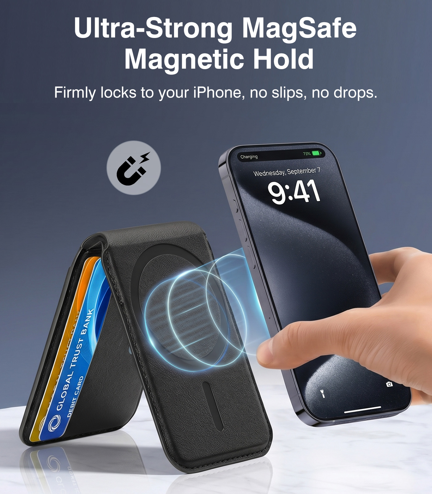 Moko for Magsafe Wallet, 7 Cards Holder Adjustable Stand RFID Blocking Magnetic Phone Wallets, Slim Leather Magnetic Wallet for iPhone 17e/17/16/15/14/13/12 Series, Black