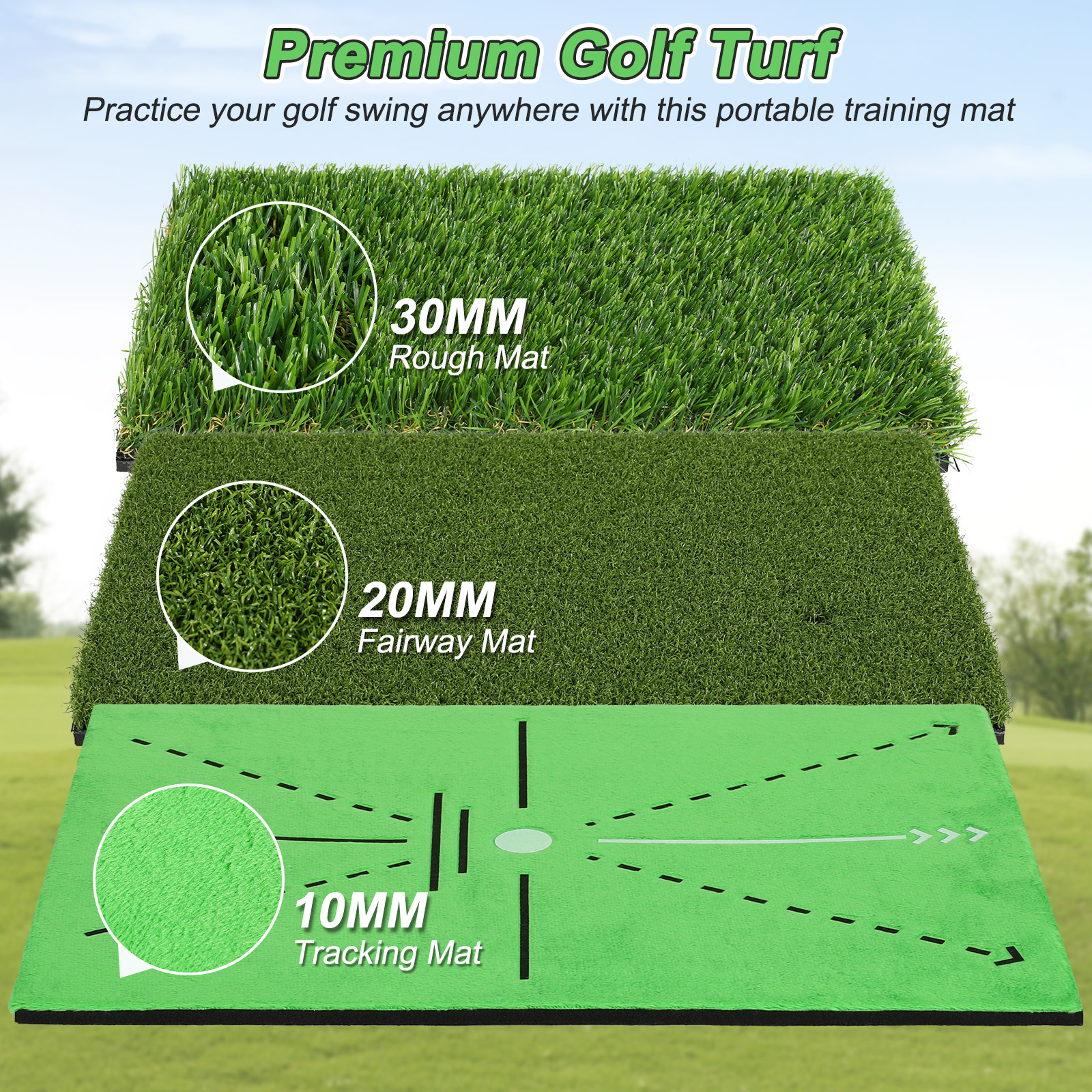 MoKo Golf Hitting Mat, 3 in 1 Golf Practice Mat for Swing Path Feedback Includes Fairway, Rough & Putting Pad Training Mats on No-Slip Rubber Base, Golfer Gifts for Men Women