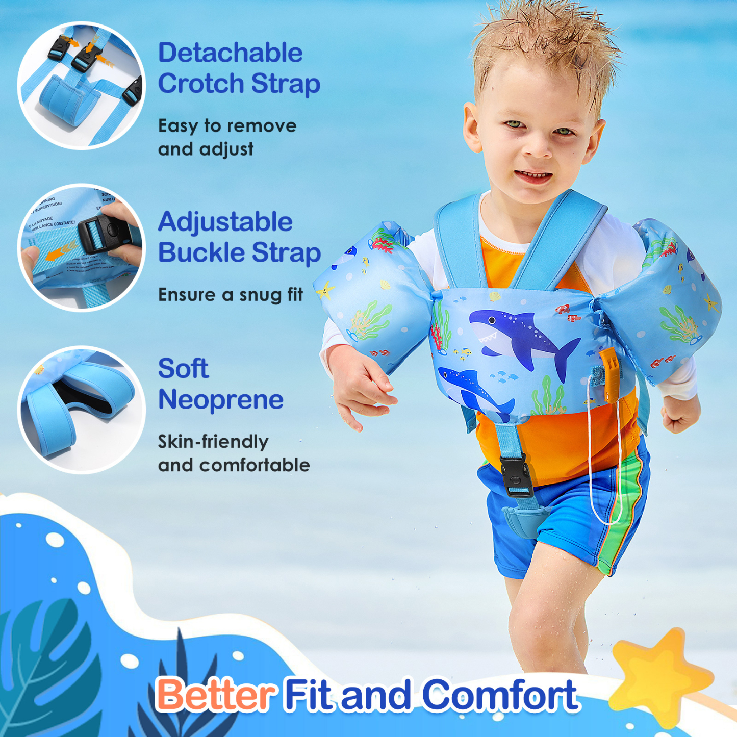 MoKo Kids Swimm Vest for 20-50lbs, Toddler Floaties with Crotch Strap and Whistle, Blue Shark
