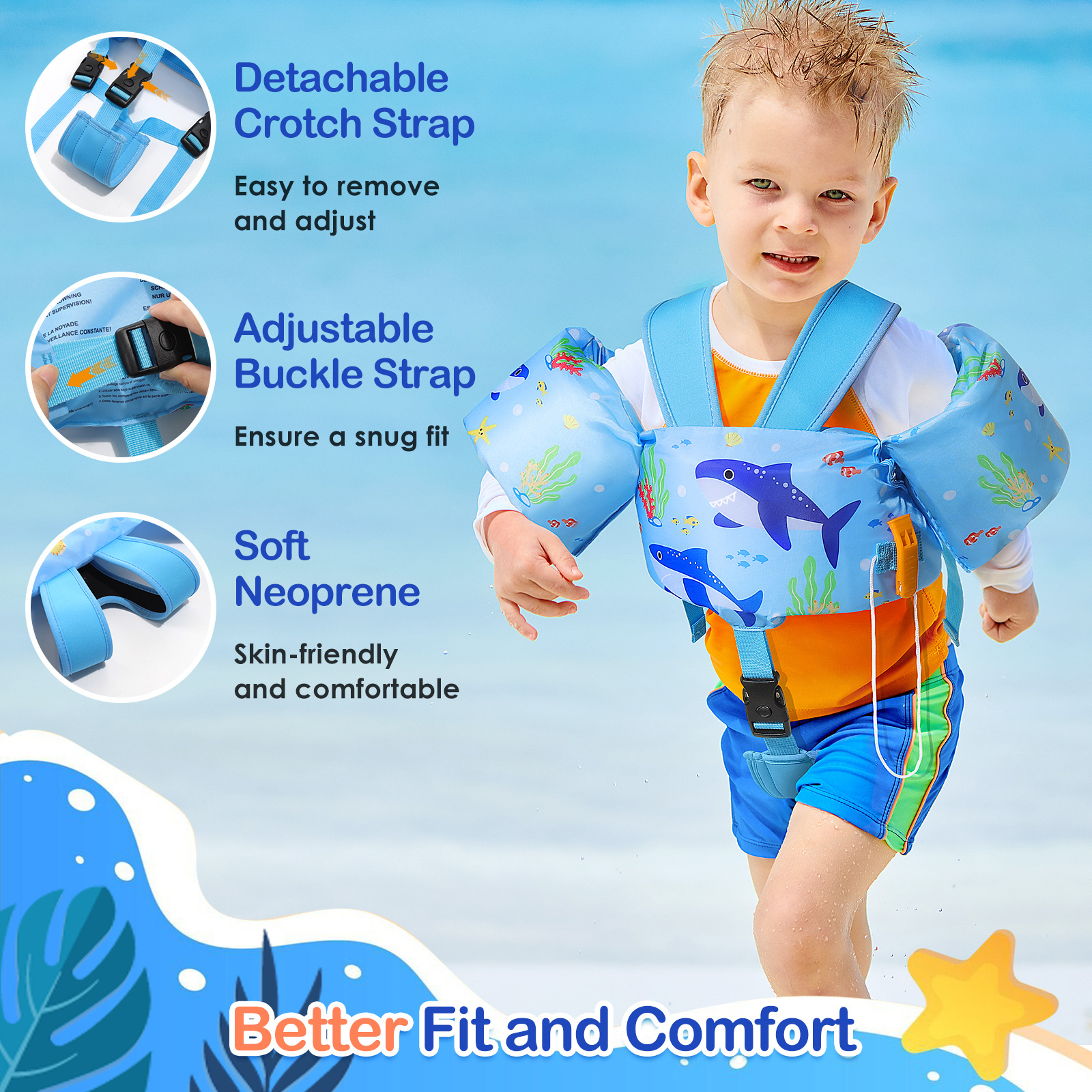 MoKo Kids Swimm Vest for 20-50lbs, Toddler Floaties with Crotch Strap and Whistle, Blue Shark