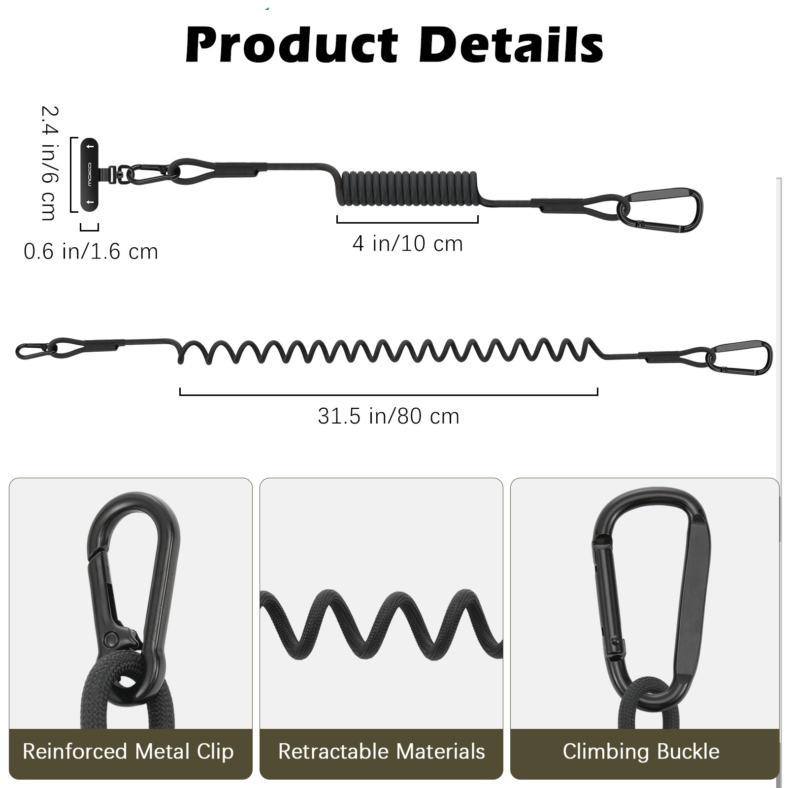 MoKo Retractable Phone Lanyard Strap, Anti-Theft Phone Tether Leash Harness with Carabiner Clip for Outdoor Hiking Skiing Fishing Kayaking, Fits iPhone and Most Smartphones, Black