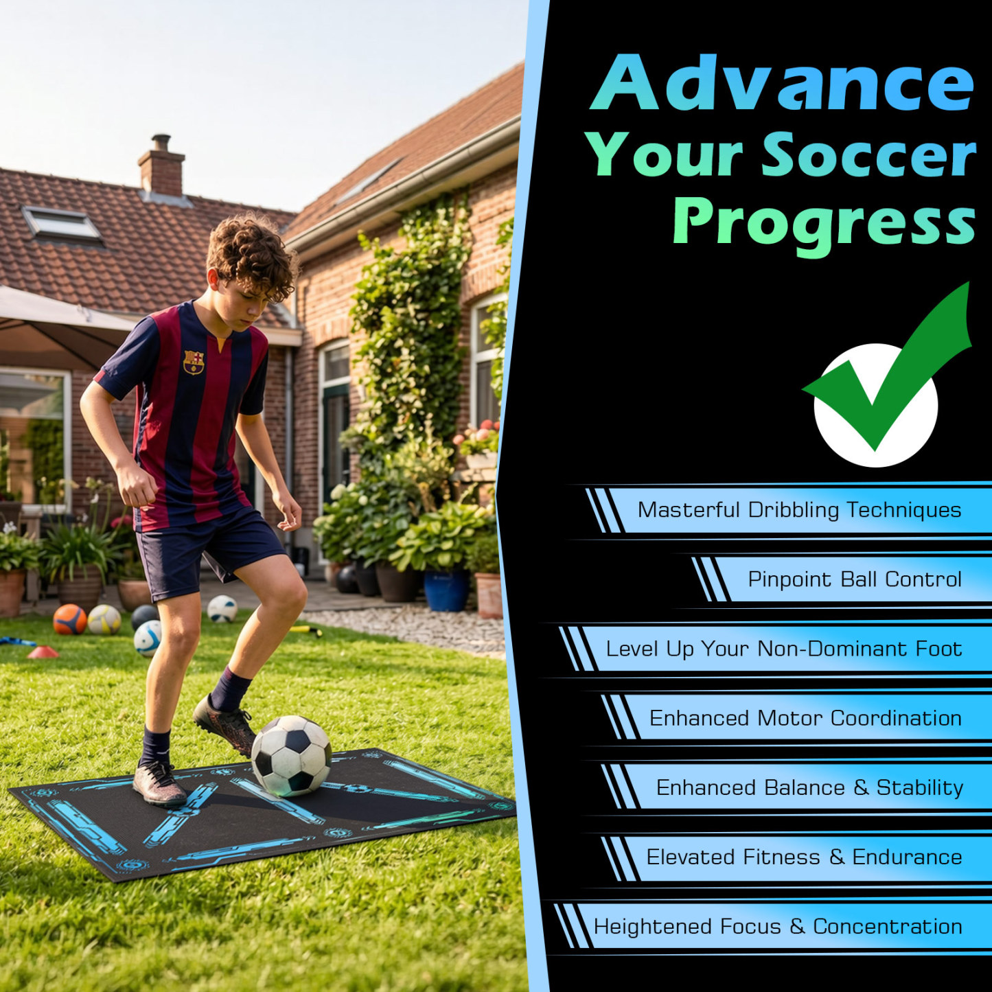 MoKo 35"x24" Soccer Training Mat with Video, Soccer Training Equipment for Kids Improve Agility & Coordination, Non-Slip Socks & Storage Bag, Portable Soccer Trainer Kit Gift for Players, Black