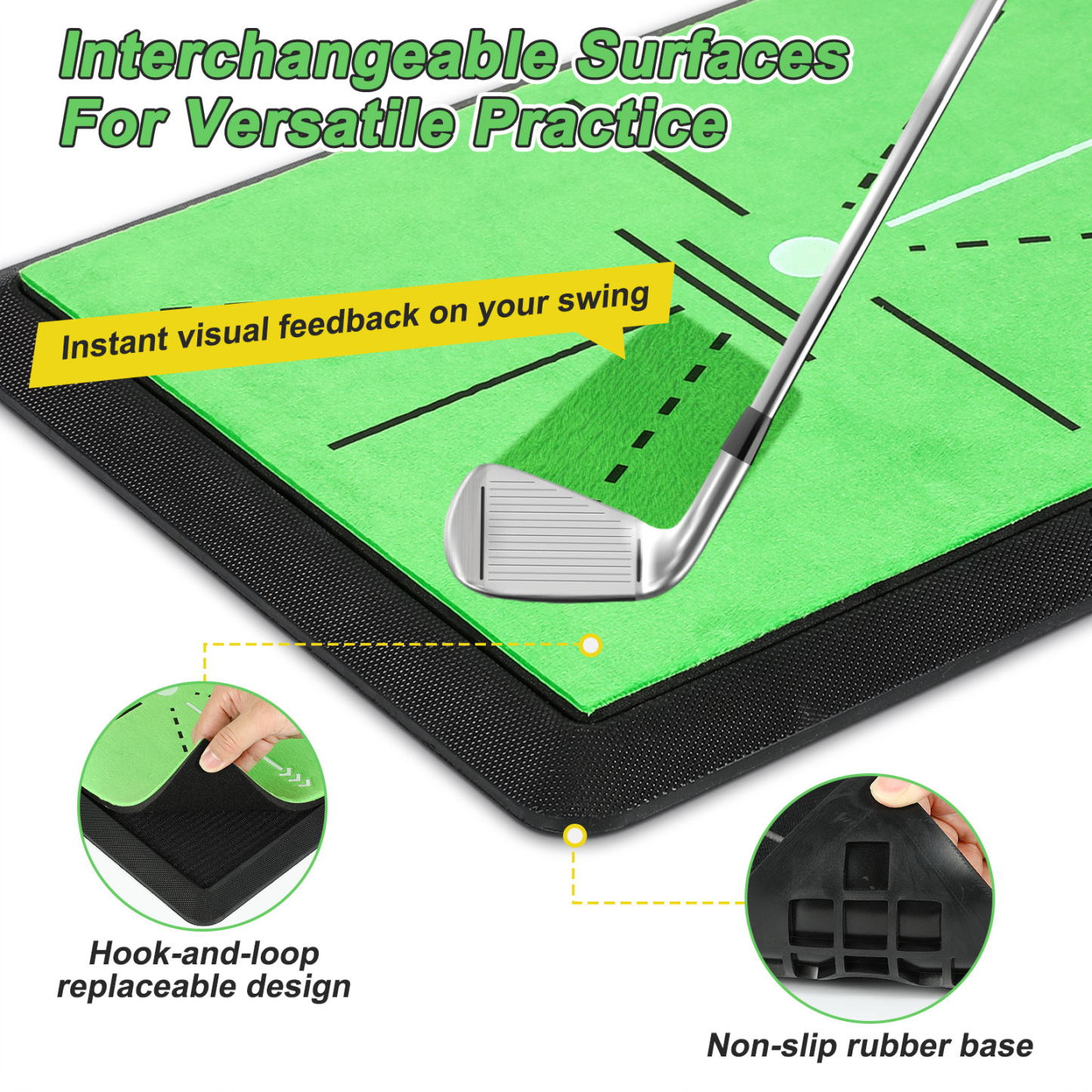 MoKo Golf Hitting Mat, 3 in 1 Golf Practice Mat for Swing Path Feedback Includes Fairway, Rough & Putting Pad Training Mats on No-Slip Rubber Base, Golfer Gifts for Men Women