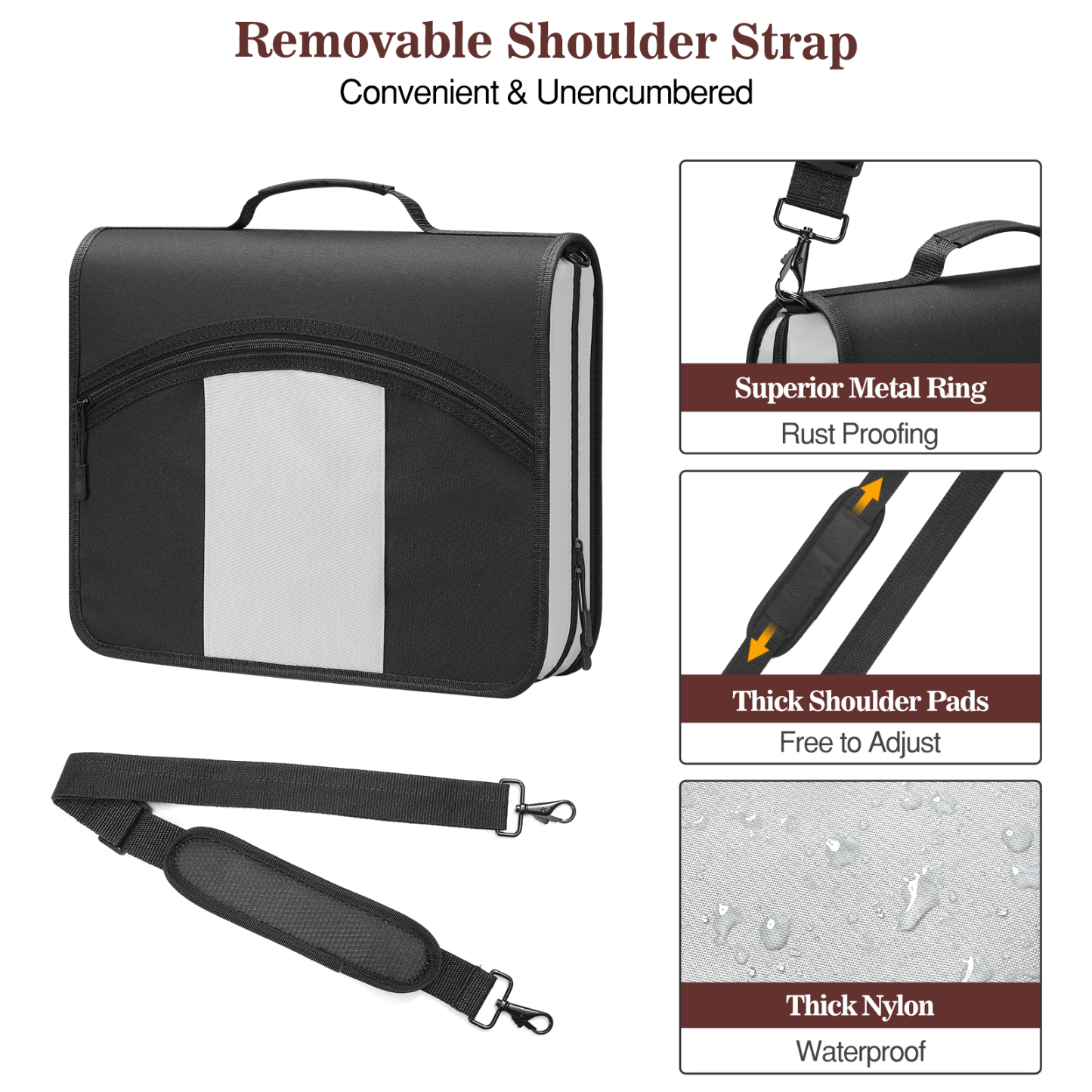 MoKo Zipper Binder, 3 in 3 Ring 600 Sheet Capacity Binder Organizer with Shoulder Strap, Black