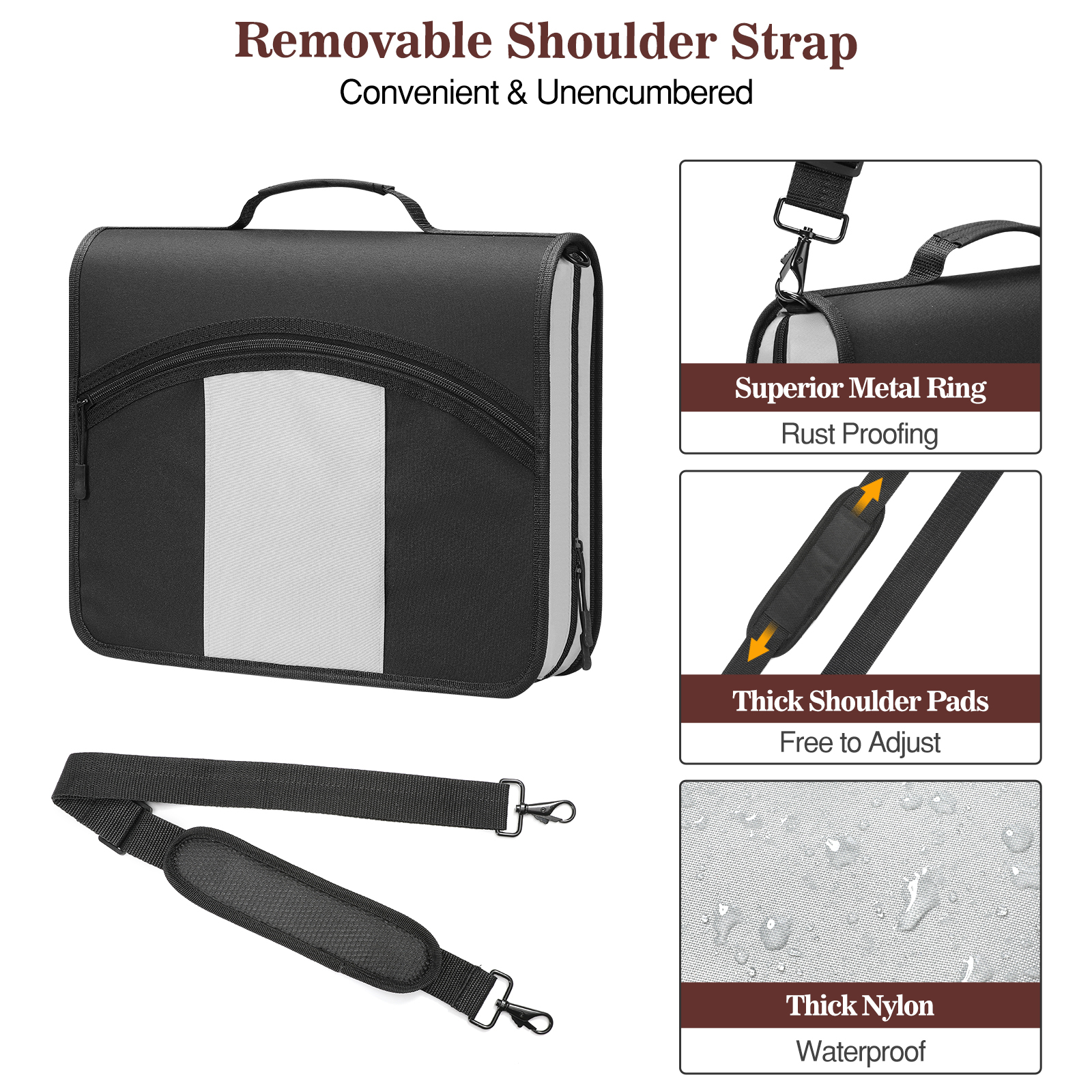 MoKo Zipper Binder, 3 in 3 Ring 600 Sheet Capacity Binder Organizer with Shoulder Strap, Black