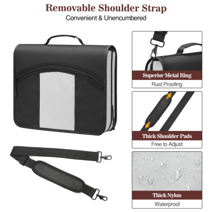 MoKo Zipper Binder, 3 in 3 Ring 600 Sheet Capacity Binder Organizer with Shoulder Strap, Black