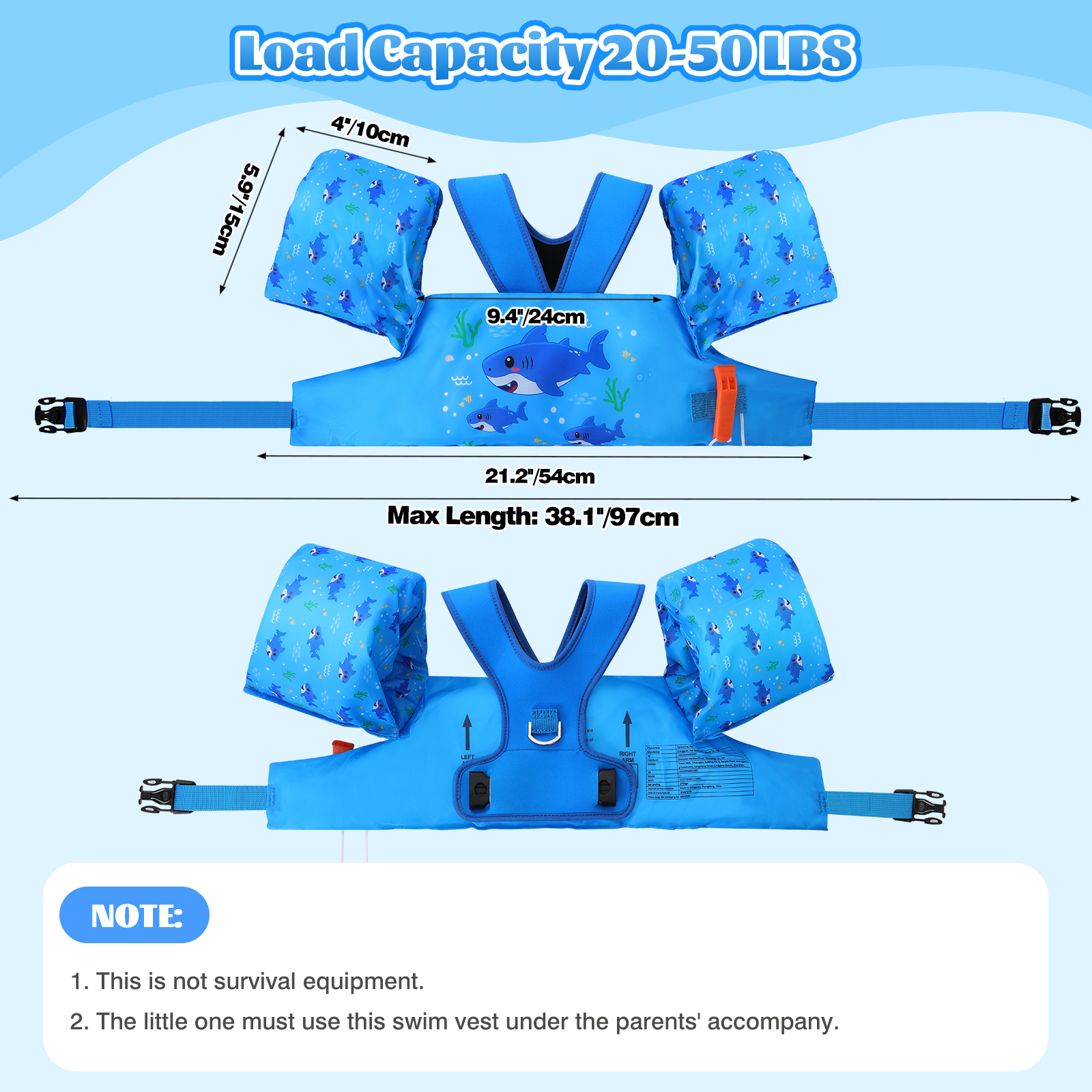 MoKo Toddler Swim Vest for Kids 20-30-50lbs Girls Boys, Arm Floaties Swimming Learning Training Equipment, Dark Blue Shark