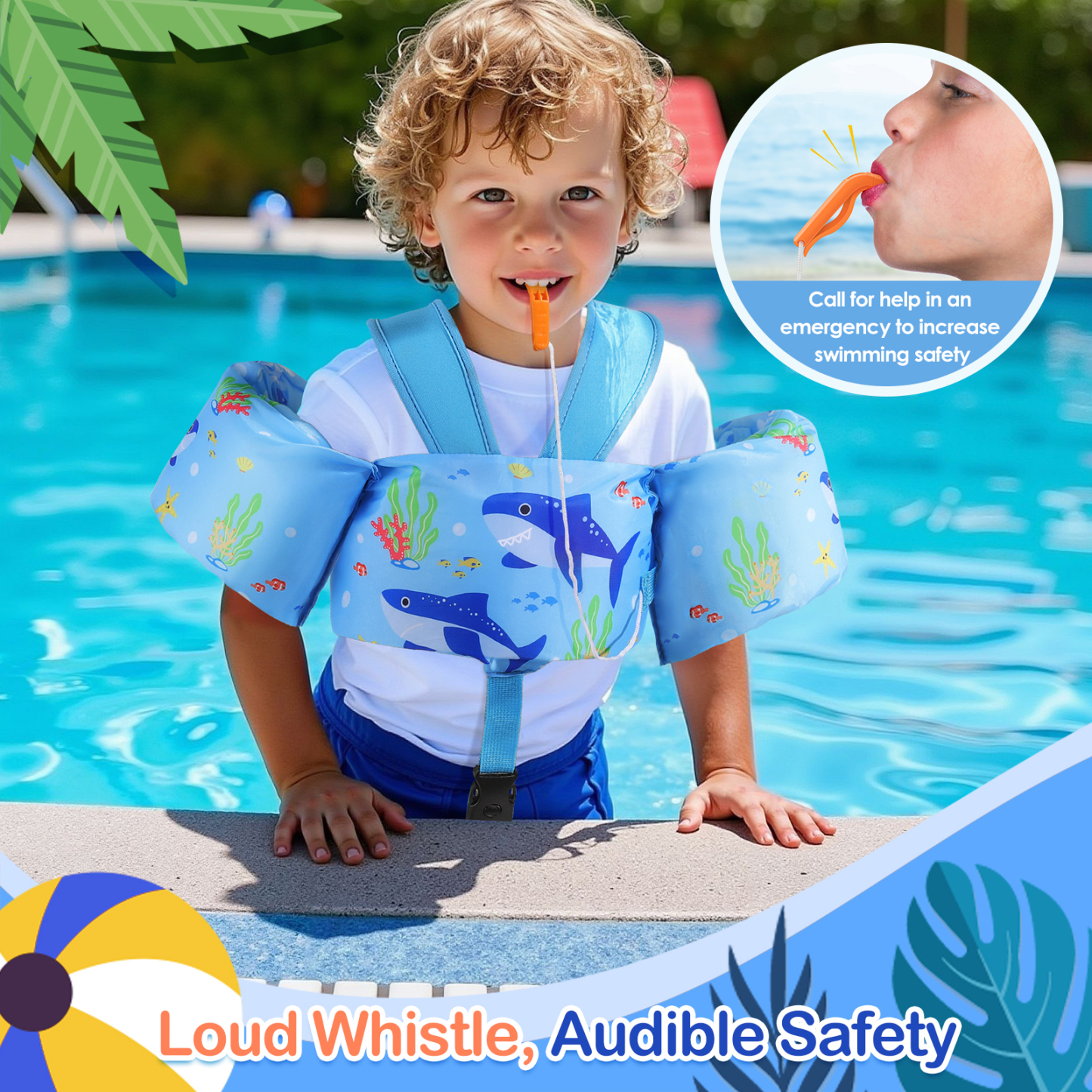 MoKo Kids Swimm Vest for 20-50lbs, Toddler Floaties with Crotch Strap and Whistle, Blue Shark