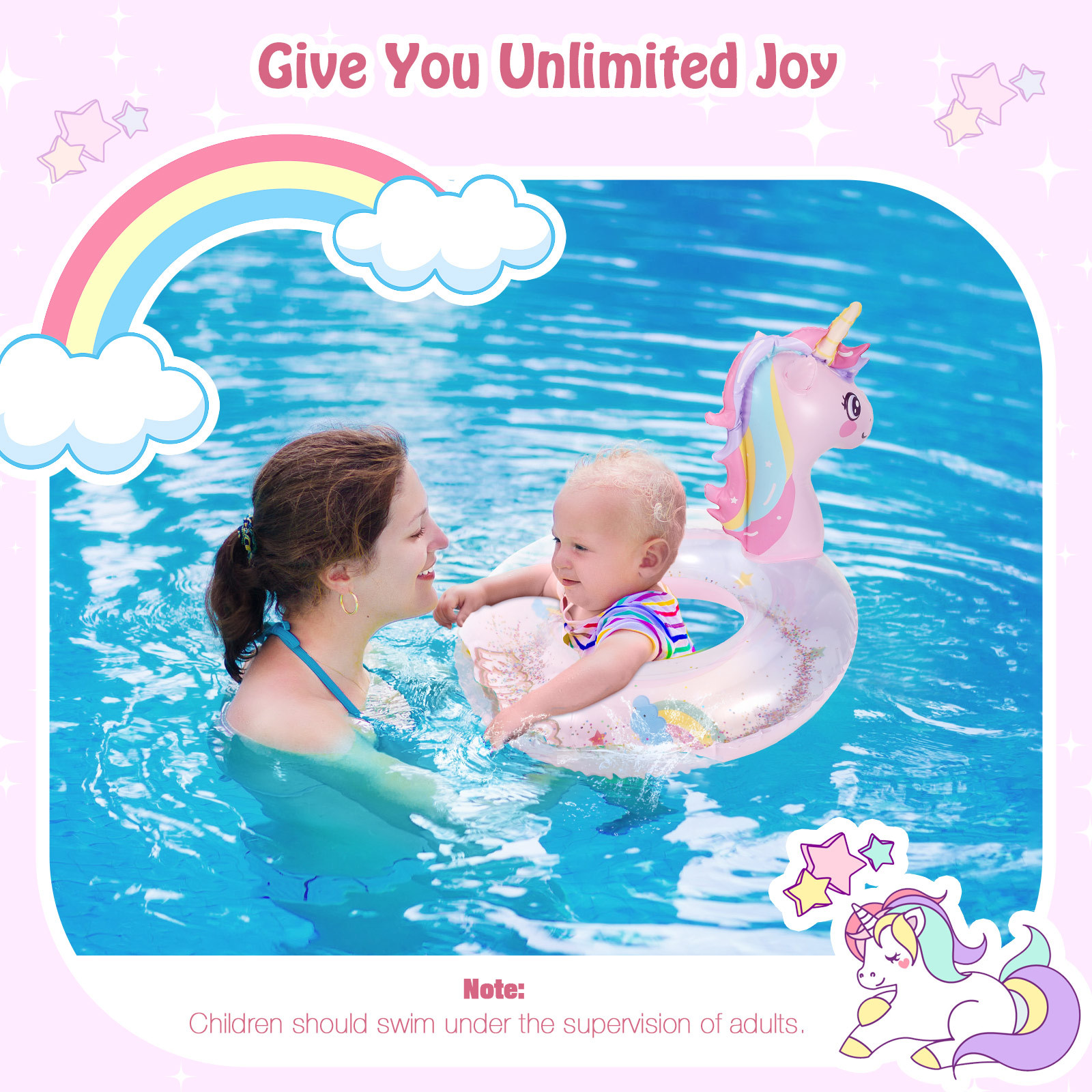 MoKo Unicorn Pool Floats for Kids, Inflatable Swimming Ring Swim Floaties Lake Toys Party Supplies, Pink