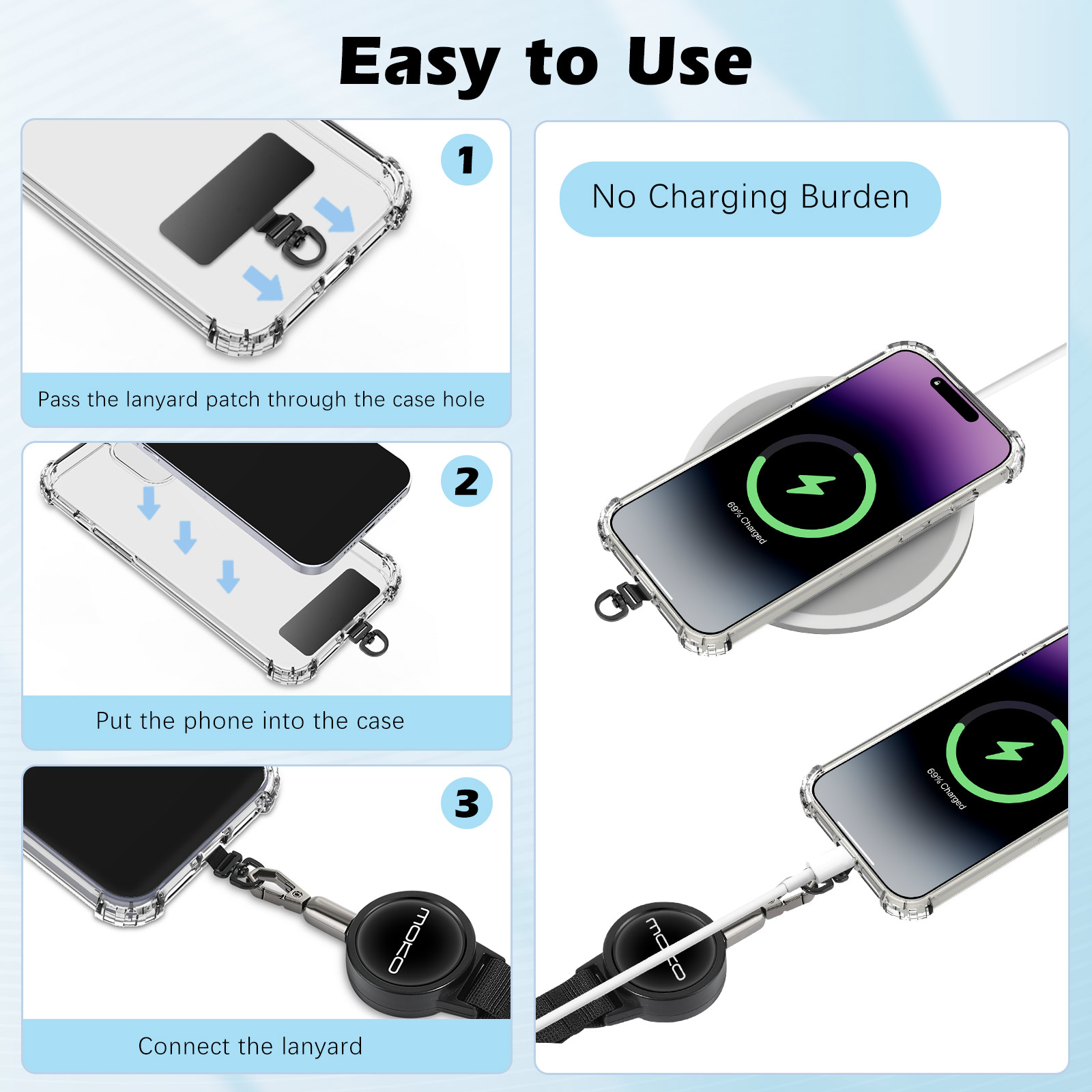MoKo Anti-theft Phone Lanyard, Universal Adhesive Anchor Retractable Steel Line Cellphone Strap with Locking Carabiner and Metal 360° Tether Tab Compatible for iPhone Samsung Galaxy, Blac