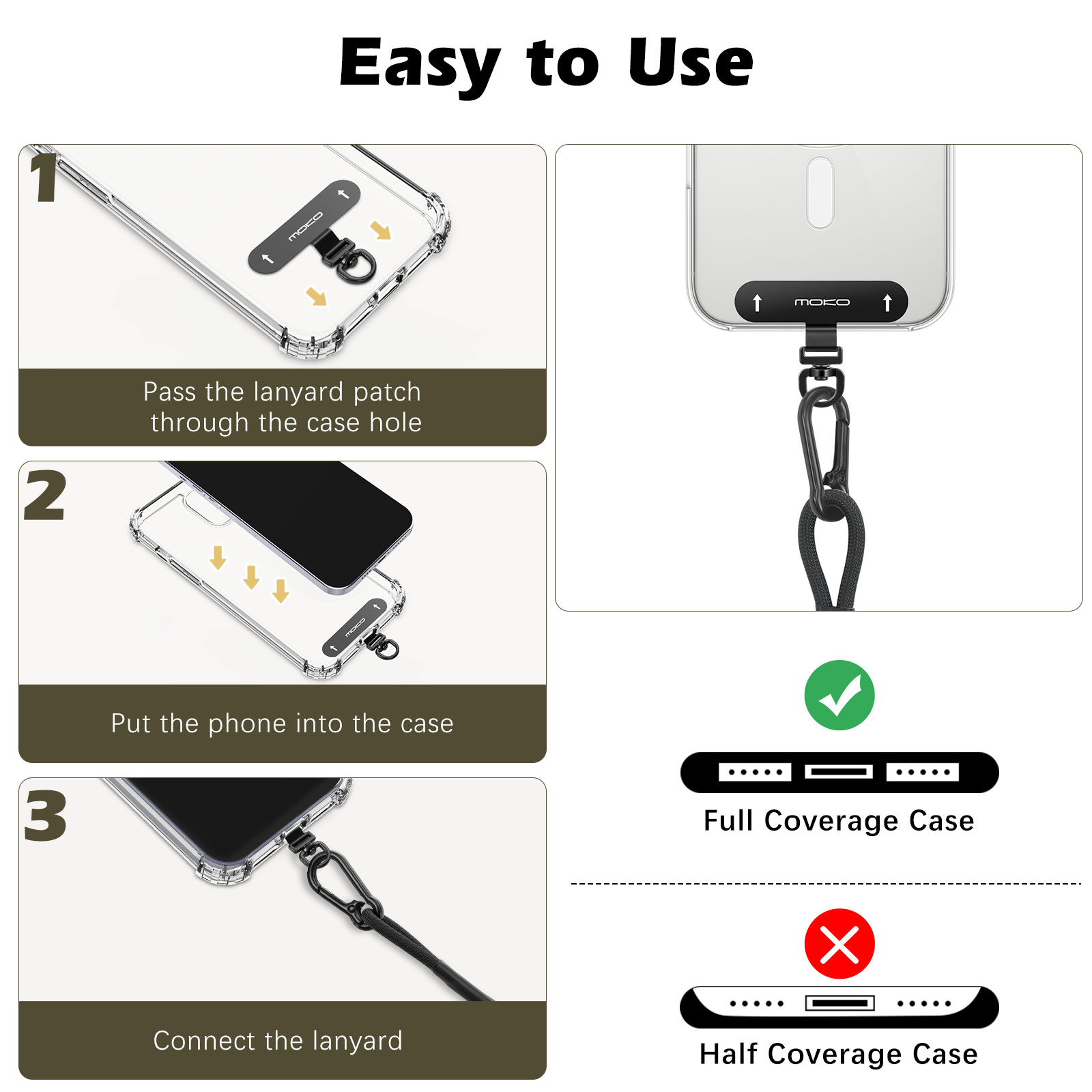MoKo Retractable Phone Lanyard Strap, Anti-Theft Phone Tether Leash Harness with Carabiner Clip for Outdoor Hiking Skiing Fishing Kayaking, Fits iPhone and Most Smartphones, Black