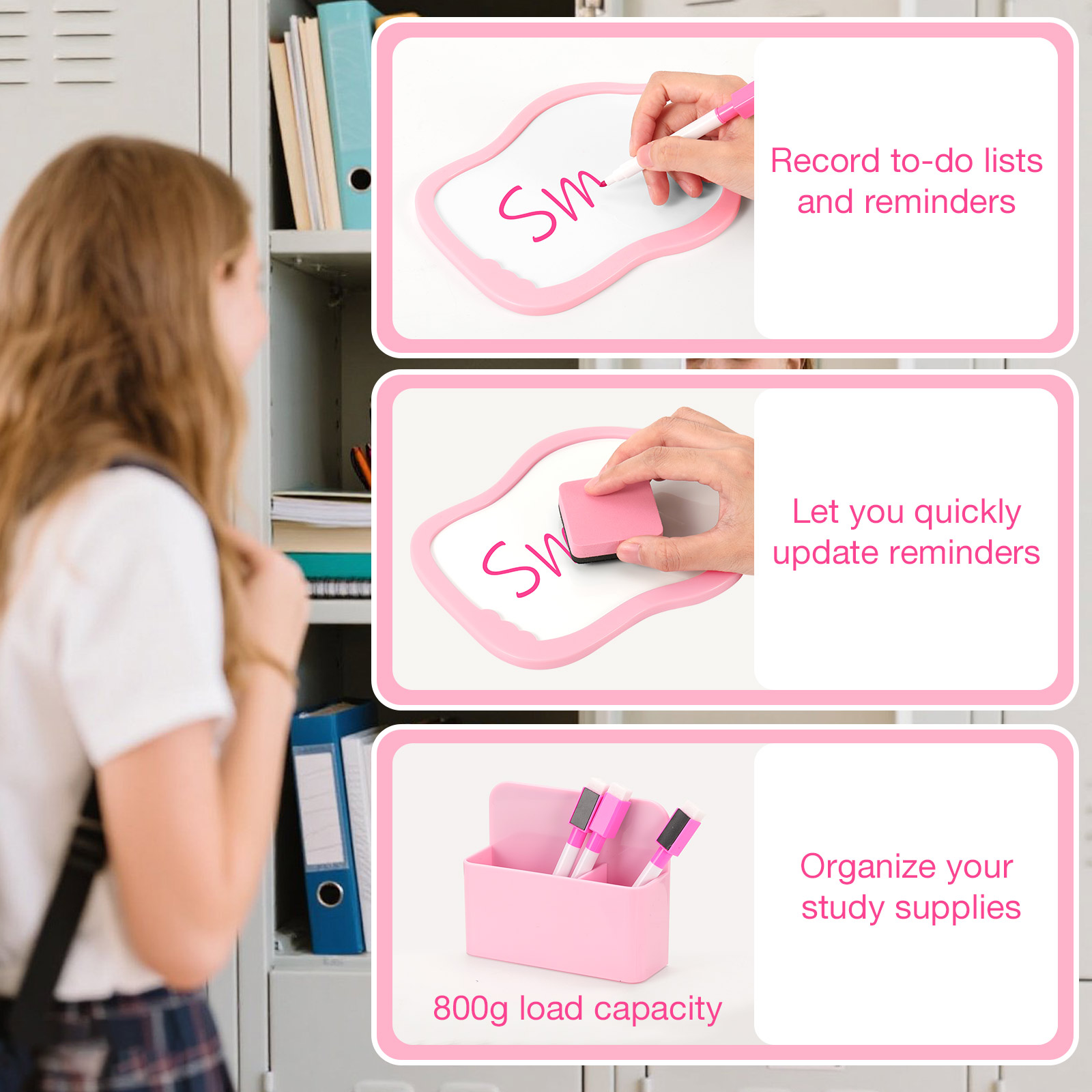 MoKo Locker Accessories Kit, 16Pcs Cute Locker Decor Accessories Set Includes Magnetic Locker Mirror, Whiteboard, Hooks, Magnets, Pen, Comb and Eraser, Office, Pink