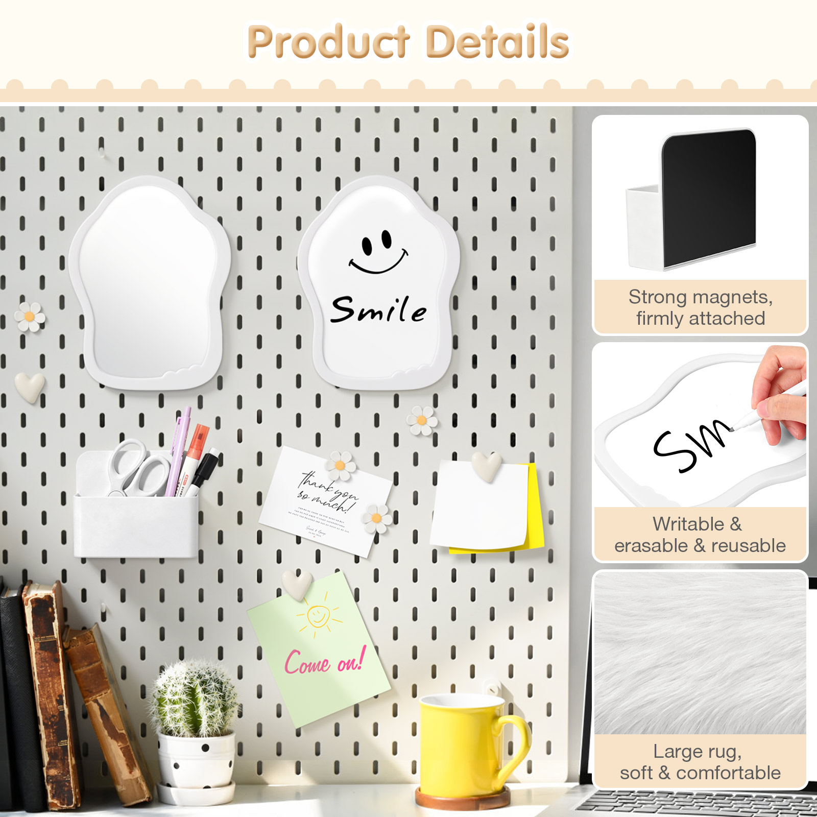 MoKo Locker Accessories Kit, 17Pcs Cute Locker Organizer Accessories Set Includes Magnetic Locker Mirror, Whiteboard, Hooks, Magnets, Pen, Comb and Eraser, Supplies, Office, White
