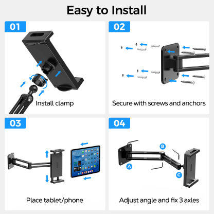 MoKo Tablet Wall Mount Holder for 4.7-14" Phones and Tablets, Extendable Foldable Ipad Holder, 360° Adjustable Wall Mount for Kitchen, Gym, Office, Classroom, Black