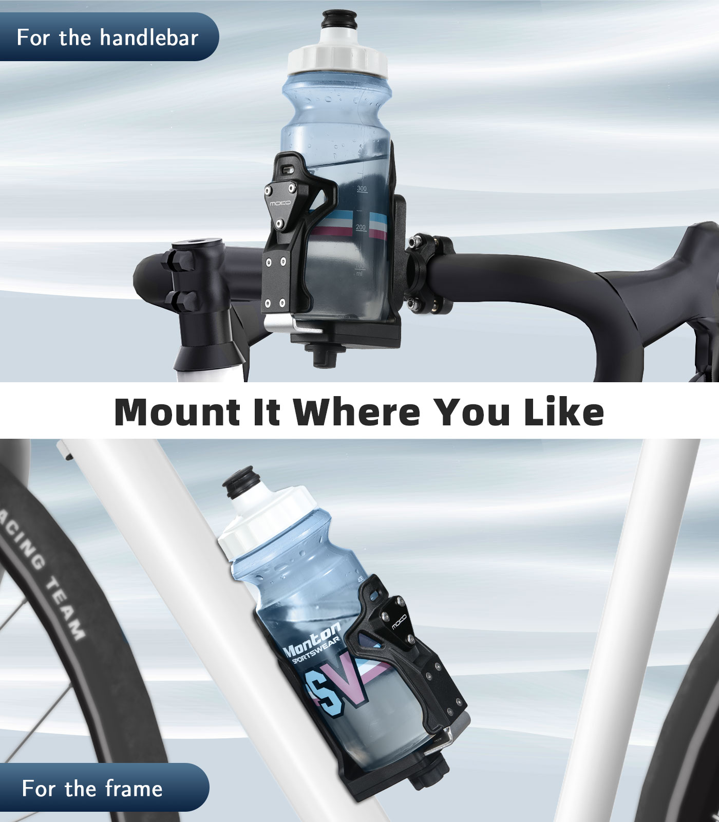  MoKo Universal Bike Water Bottle Cage Holder for for 1.9-3.6" Diameter Bottle, Handlebar & Frame, Fits Bicycle, Motorcycle, Stroller, Scooter, Wheelchair & ATV