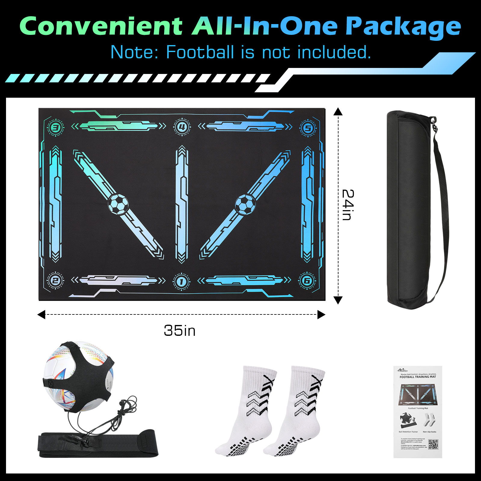 MoKo 35"x24" Soccer Training Mat with Video, Soccer Training Equipment for Kids Improve Agility & Coordination, Non-Slip Socks & Storage Bag, Portable Soccer Trainer Kit Gift for Players, Black