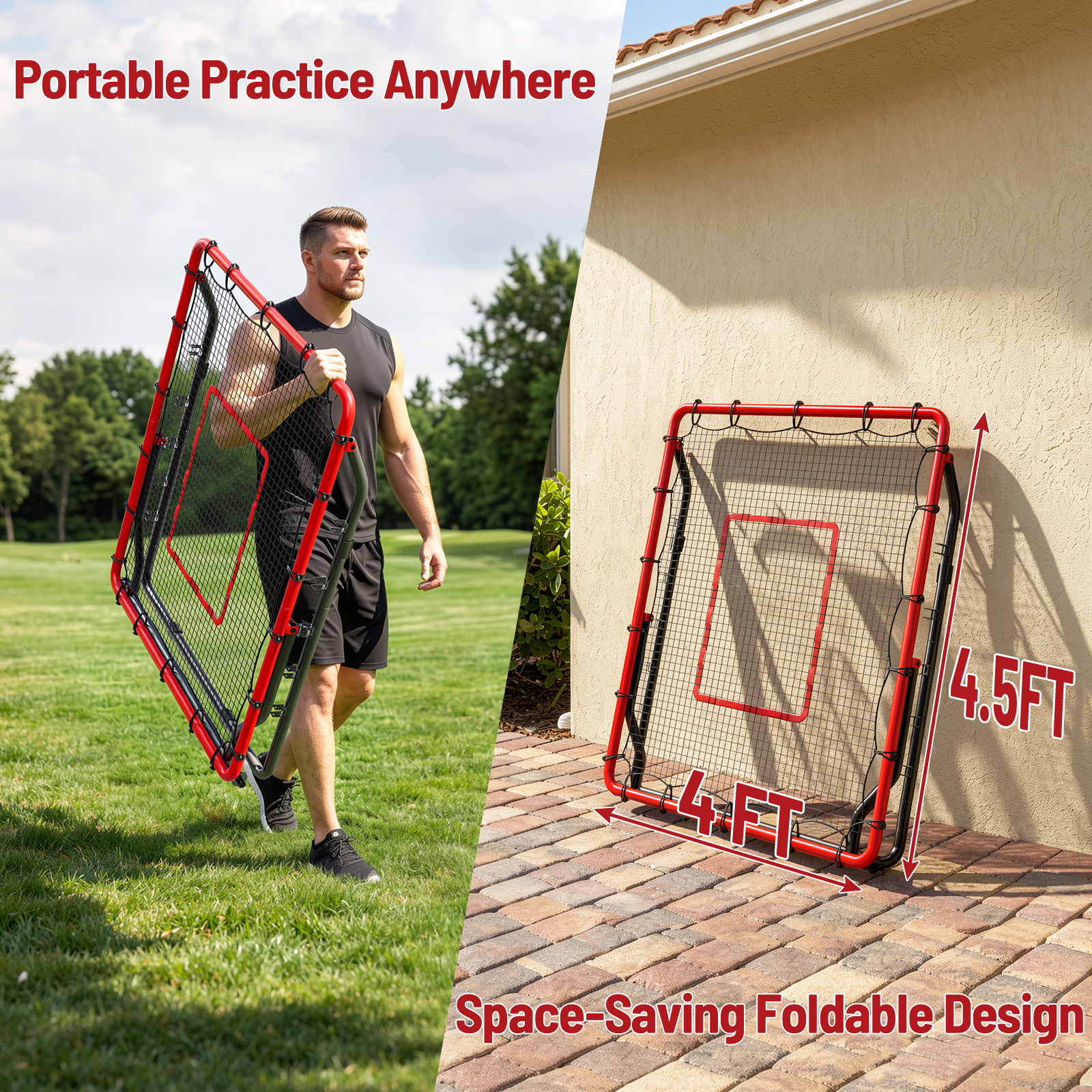 MoKo Baseball Rebounder Net, 4x4.5FT Pitch Back Trainer with 5 Adjustable Angles, Foldable Rebound Net.