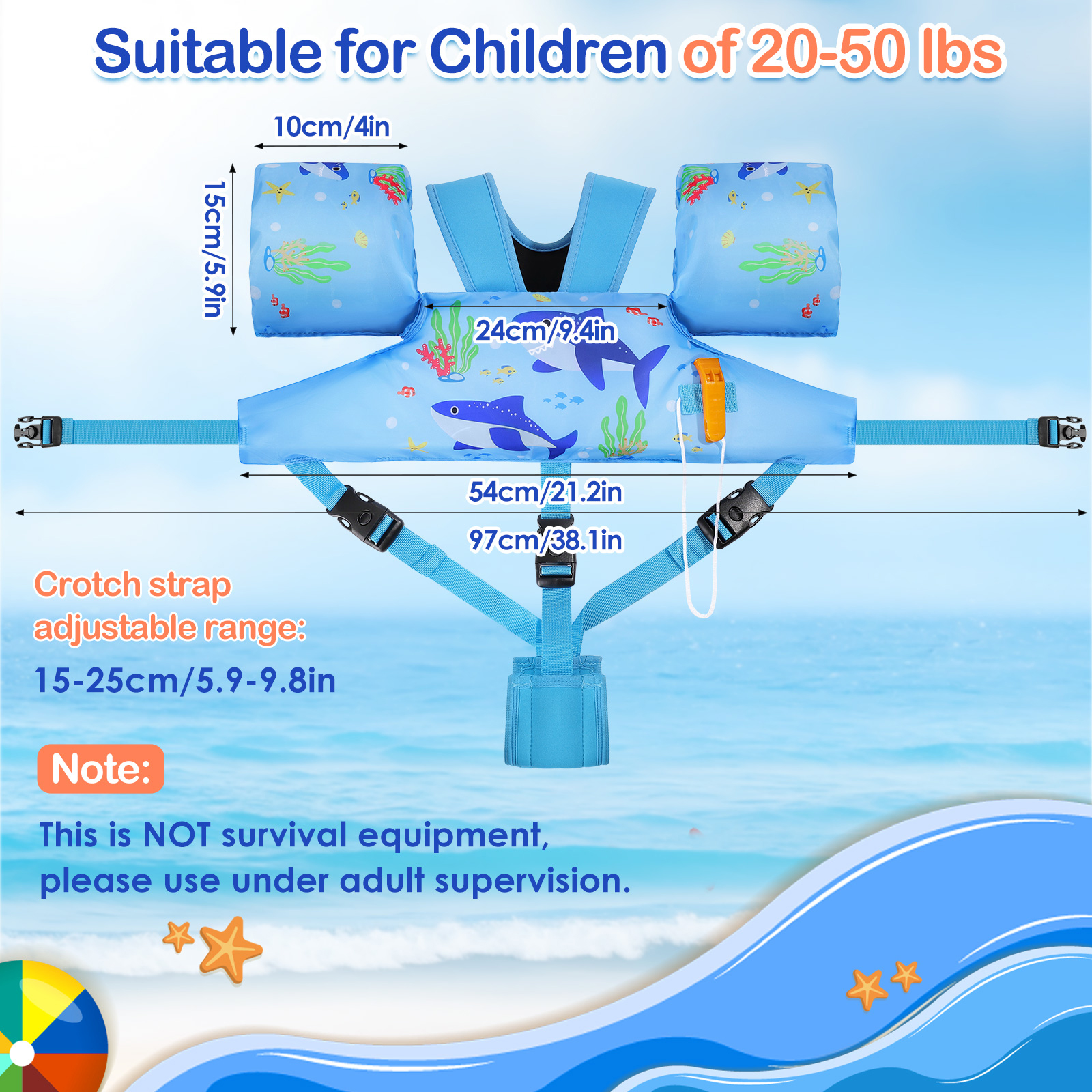 MoKo Kids Swimm Vest for 20-50lbs, Toddler Floaties with Crotch Strap and Whistle, Blue Shark