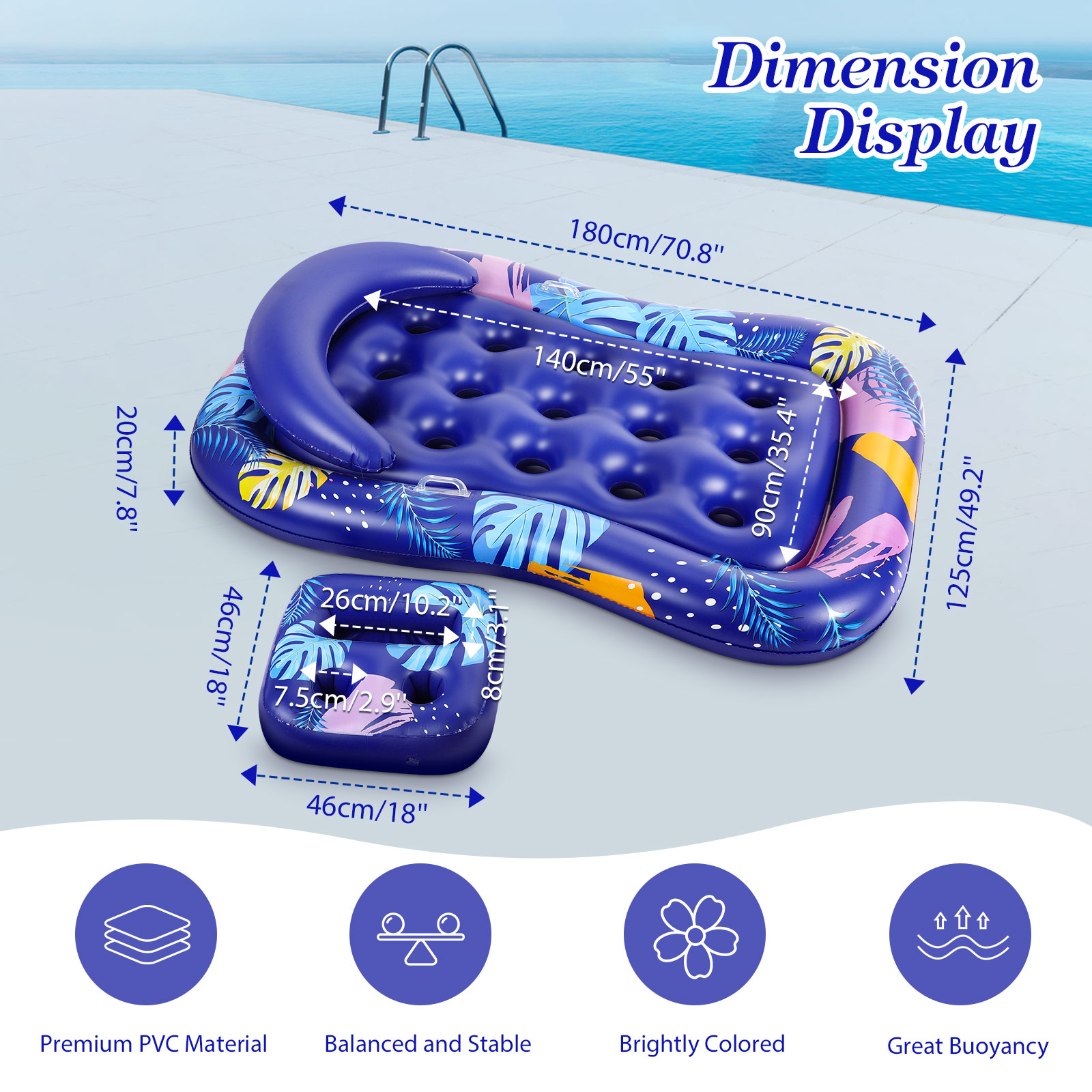 MoKo Pool Floats Loungers for Adults with Removable Cup Holders and Head Rest for Pool Lake Travel Beach, Blue