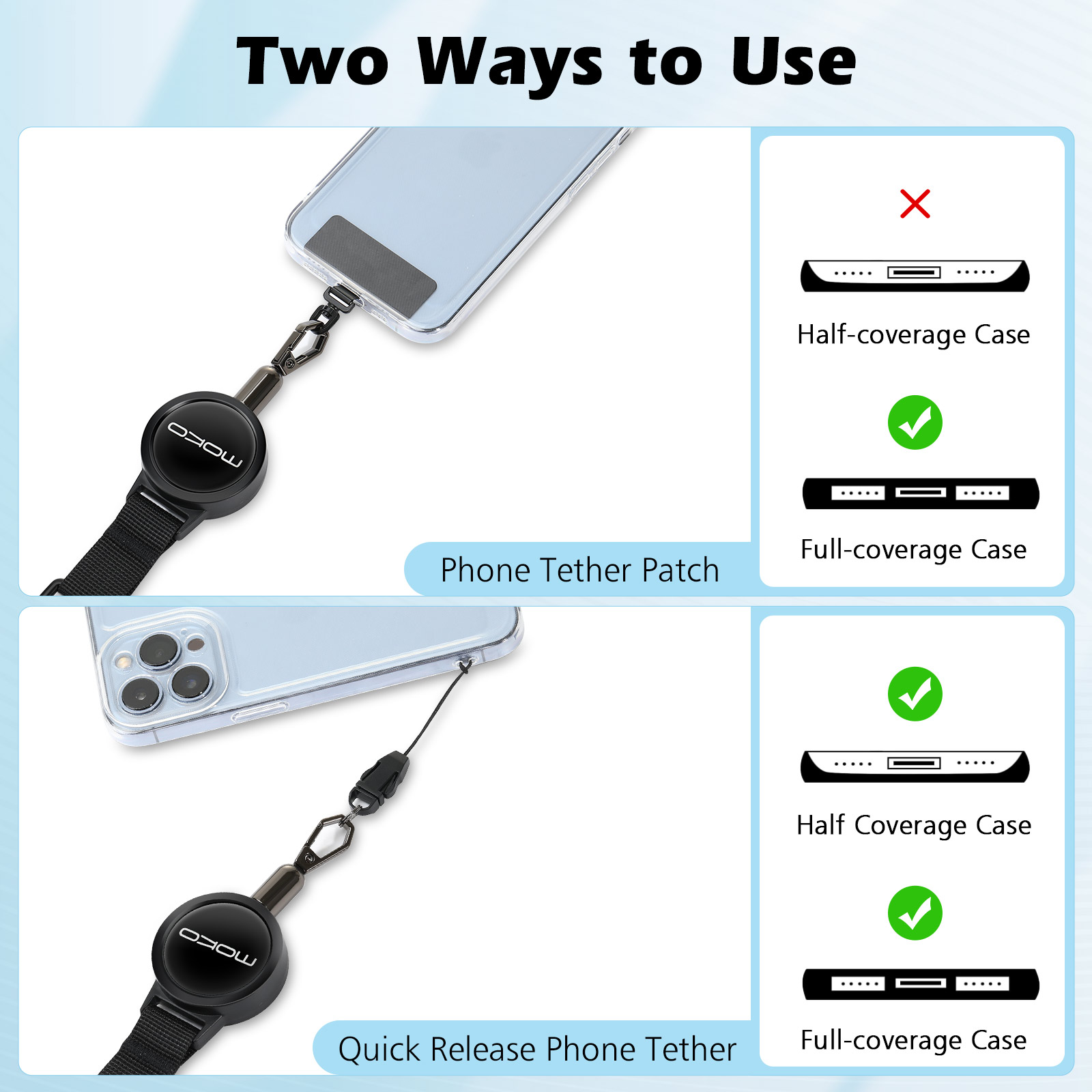 MoKo Anti-theft Phone Lanyard, Universal Adhesive Anchor Retractable Steel Line Cellphone Strap with Locking Carabiner and Metal 360° Tether Tab Compatible for iPhone Samsung Galaxy, Blac