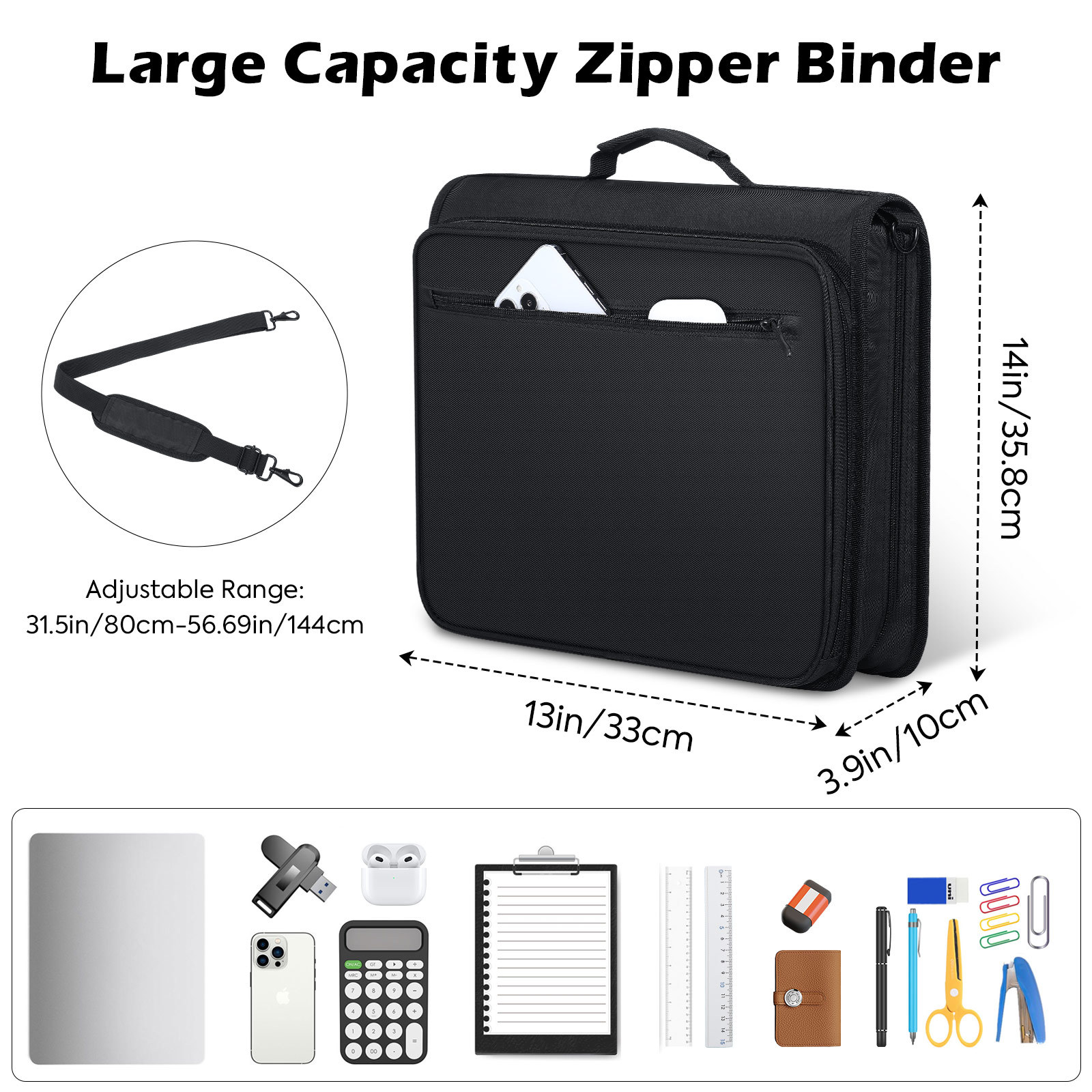 MoKo Zipper Binder, 2 Inch 500 Sheet Capacity Binder Organizer with Shoulder Strap, School Supplies,Black