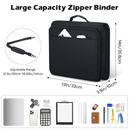 MoKo Zipper Binder, 2 Inch 500 Sheet Capacity Binder Organizer with Shoulder Strap, School Supplies,Black