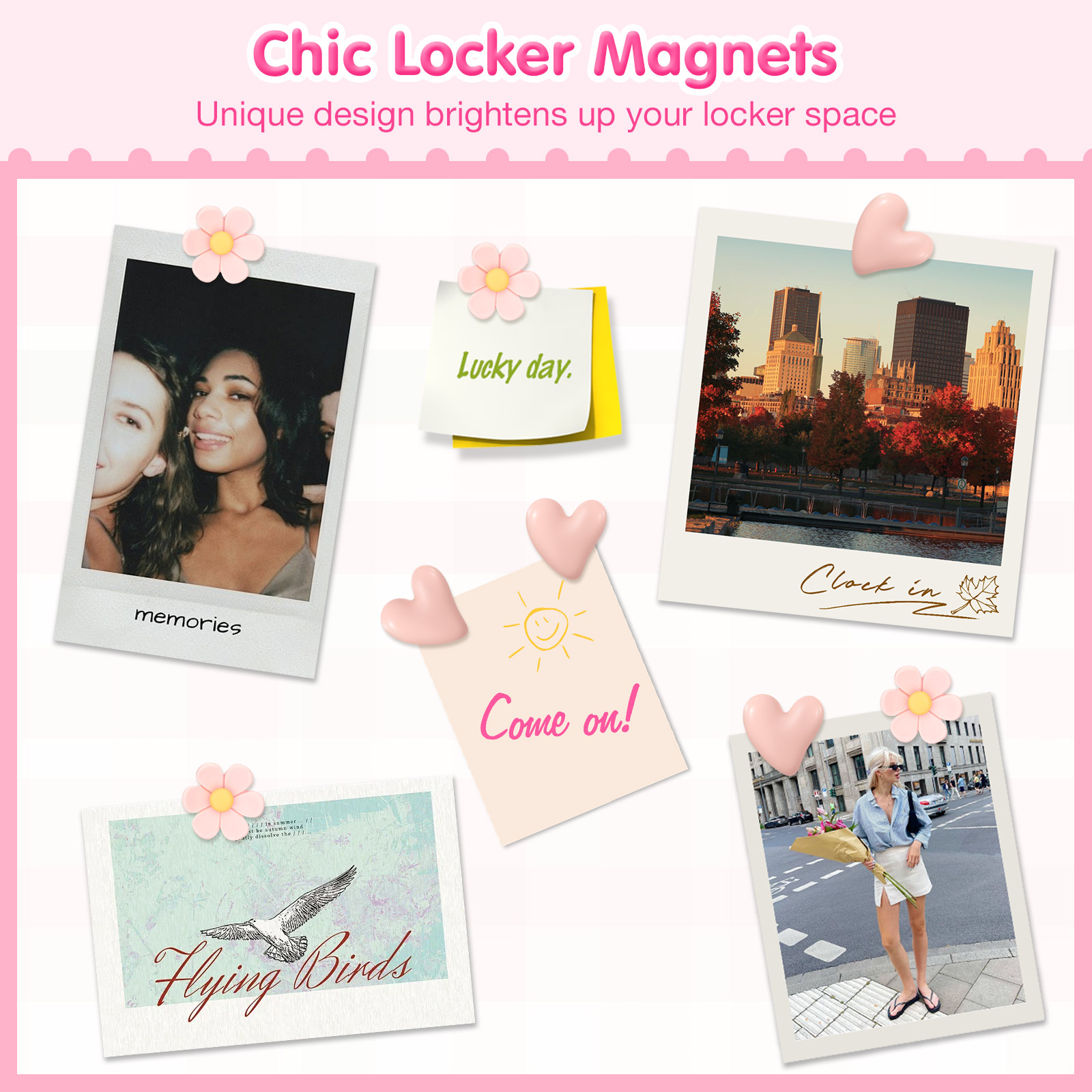 MoKo Locker Accessories Kit, 16Pcs Cute Locker Decor Accessories Set Includes Magnetic Locker Mirror, Whiteboard, Hooks, Magnets, Pen, Comb and Eraser, Office, Pink
