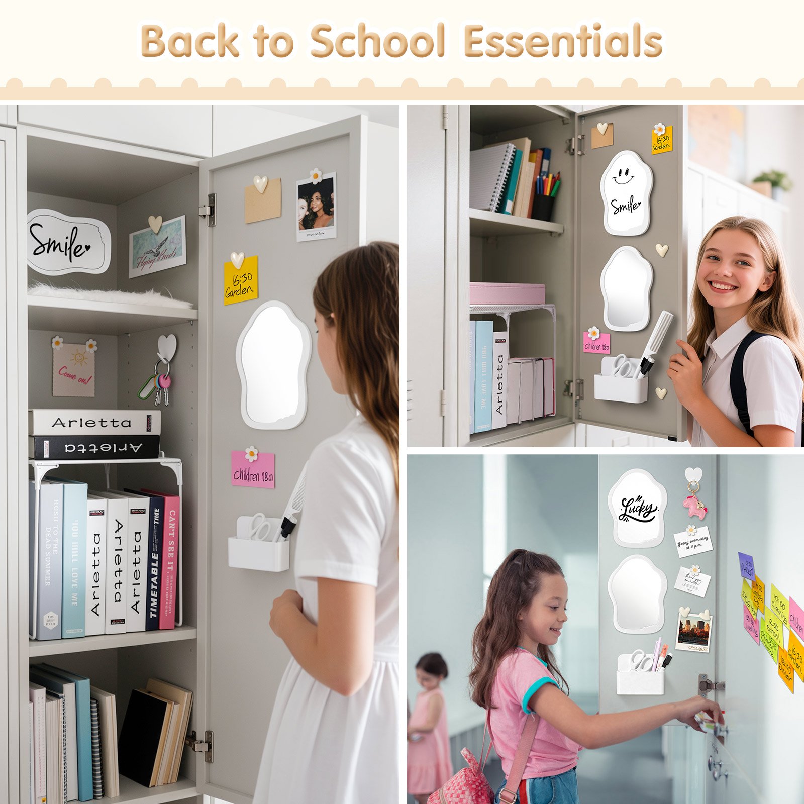 MoKo Locker Accessories Kit, 17Pcs Cute Locker Organizer Accessories Set Includes Magnetic Locker Mirror, Whiteboard, Hooks, Magnets, Pen, Comb and Eraser, Supplies, Office, White