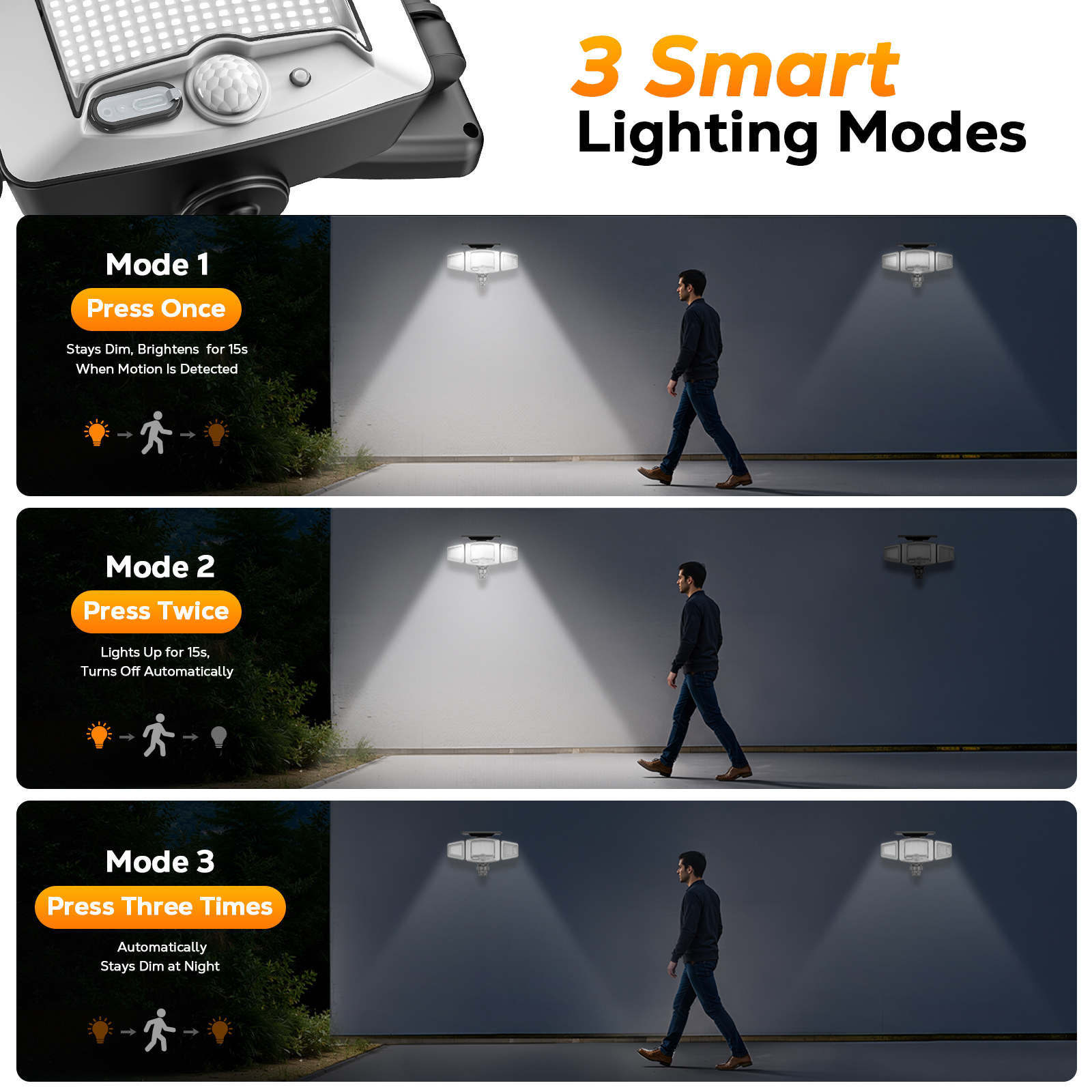 Outdoor Solar Lights Magnetic Solar Lights, 231 LED Motion Sensor Wall Light, 3-Head Adjustable Solar Lights, 3 Modes Solar USB Charge, IP65 Waterproof for Yard Patio (2 Pack)